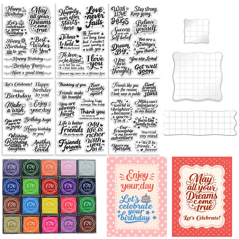 GLASSWINDS 29PCS Birthday Blessing Words Elements Clear Stamp Set for Card Making and DIY Scrapbooking Journaling, Include 3PCS Acrylic Clear Stamp Blocks, 6PCS Silicone Stamps, 20PCS Craft Ink Pads