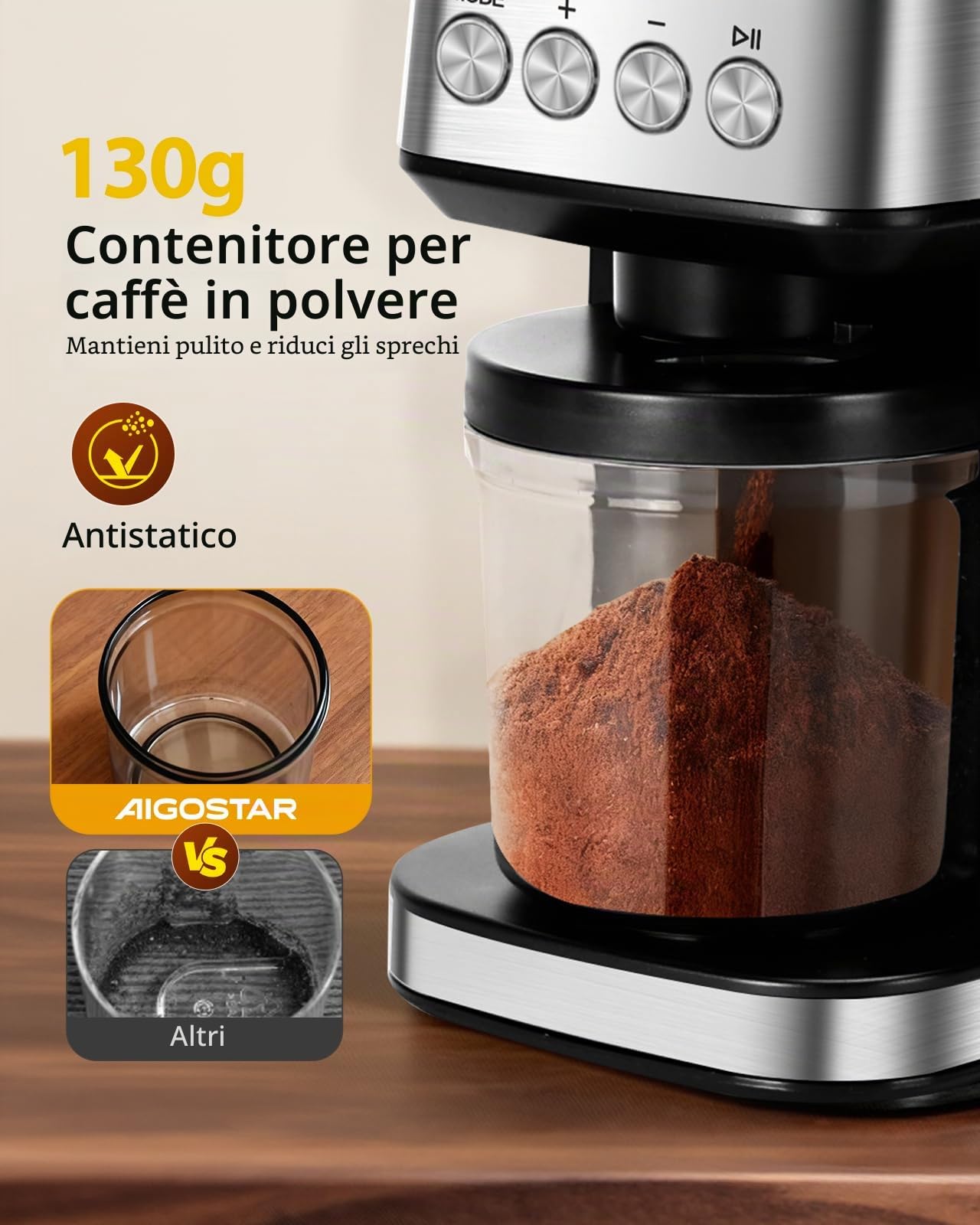 Aigostar Macina Caffe' Elettrico a Cono, 52 Impostazioni di Macinatura, Macinacaffè Elettrico per Caffè Espresso, Macina Caffè Professionale con Display Digitale Preciso, Acciaio Inossidabile, Argento
