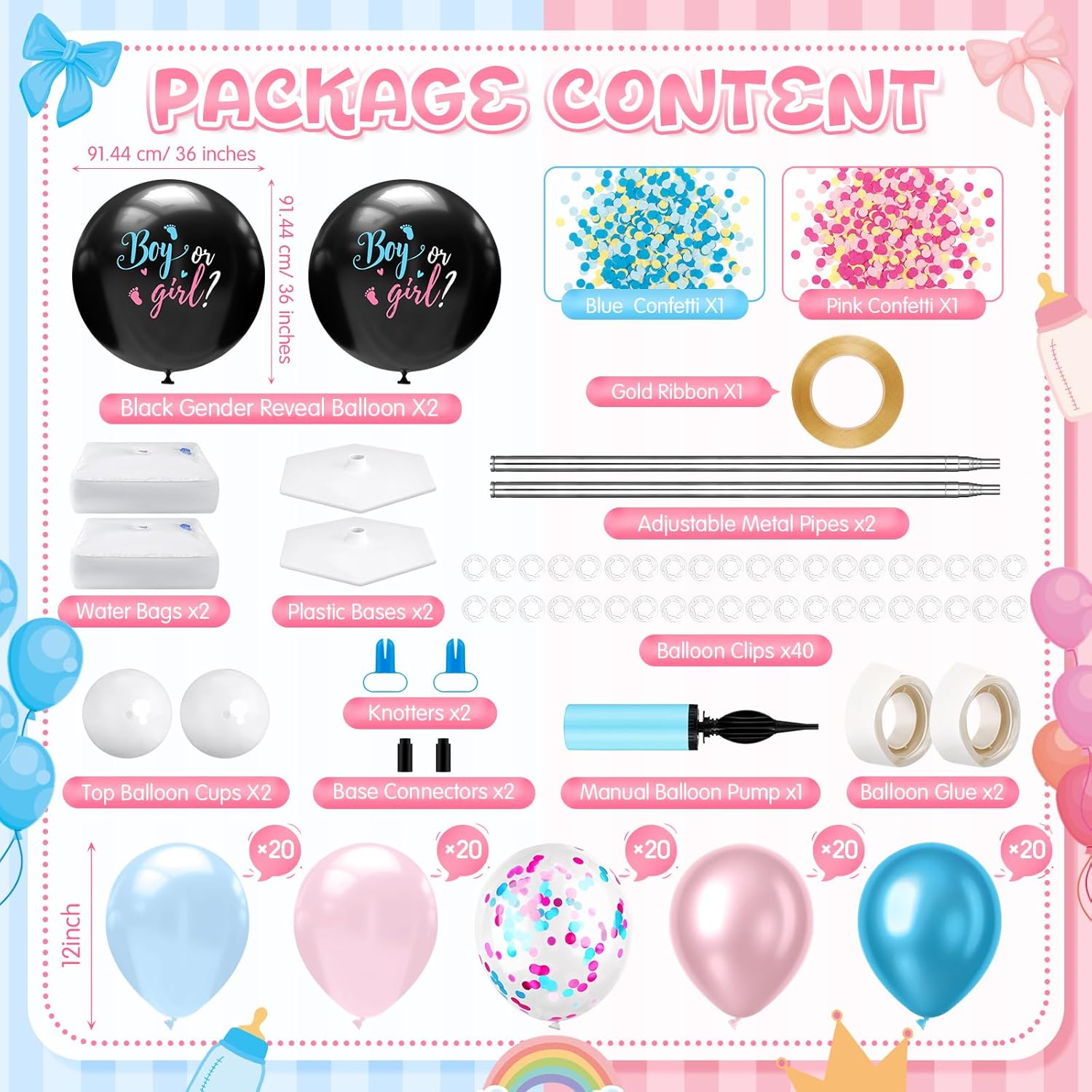 Lunmon 2 Sets Gender Reveal Balloon Column Stand Kit Jumbo Black Baby Boy or Girl Balloons with Confetti Pink and Blue Arch Garland Kit for Baby Shower Party Supplies