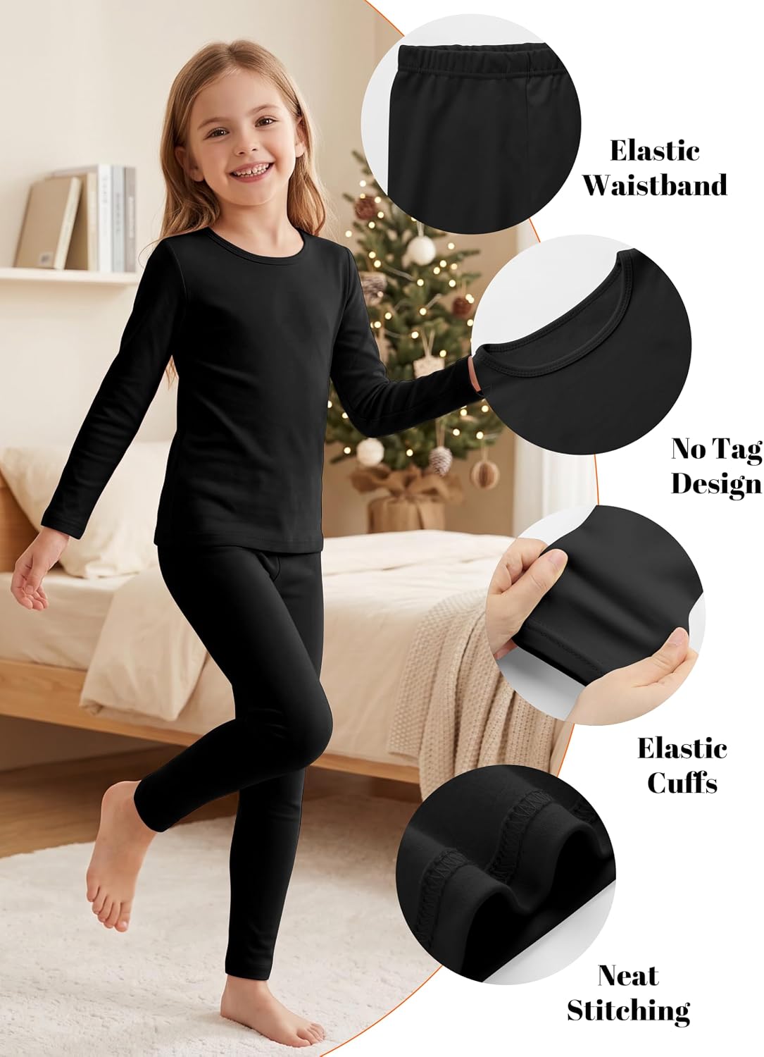 Resinta Girls Cotton Thermal Underwear Set Top and Bottom Base Layer Slim Fit Crew Neck Winter Long Johns for Kids