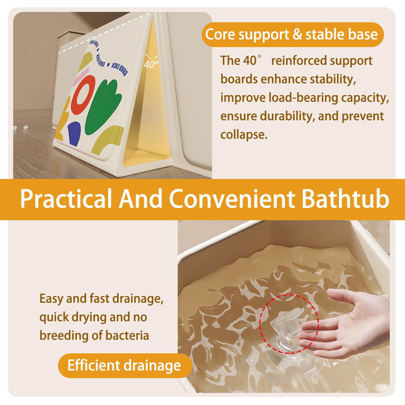 Vasca da Bagno Pieghevole per Bambini, Multiuso e Salvaspazio, Adatta da 0 a 8 Anni, Vaschetta Bagnetto Neonato Pieghevole con Tappo di Scolo, Vasca da Bagno Portatile per Bambini (Beige)