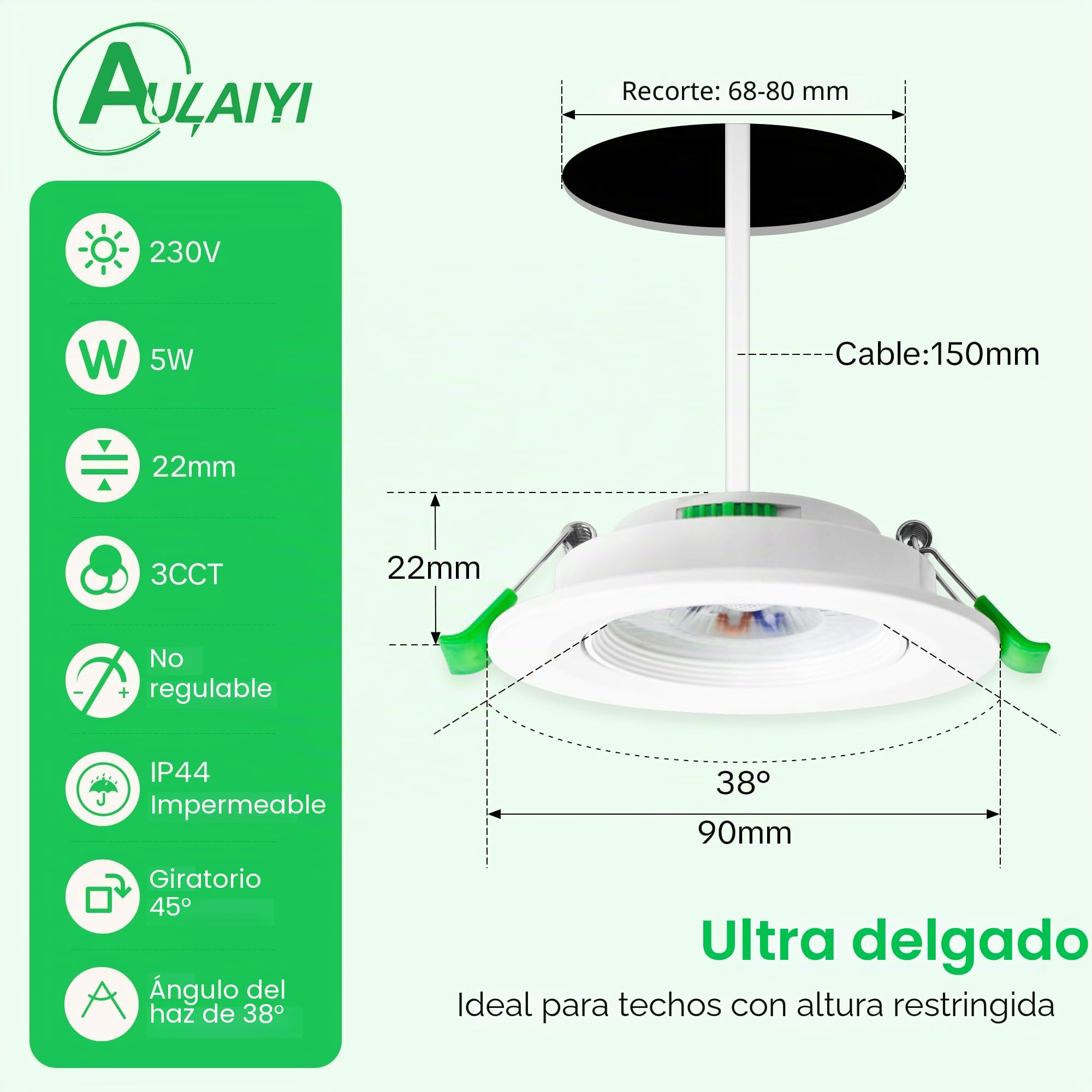 Downlight LED Techo Empotrable Rotable 230V, 5W 500LM Focos LED Interior Techo Blanco Cálido Blanco Neutro Blanca Frío, IP44 Ojos de Buey Extraplano, Corte 68-80mm, Blanco 6 Pack