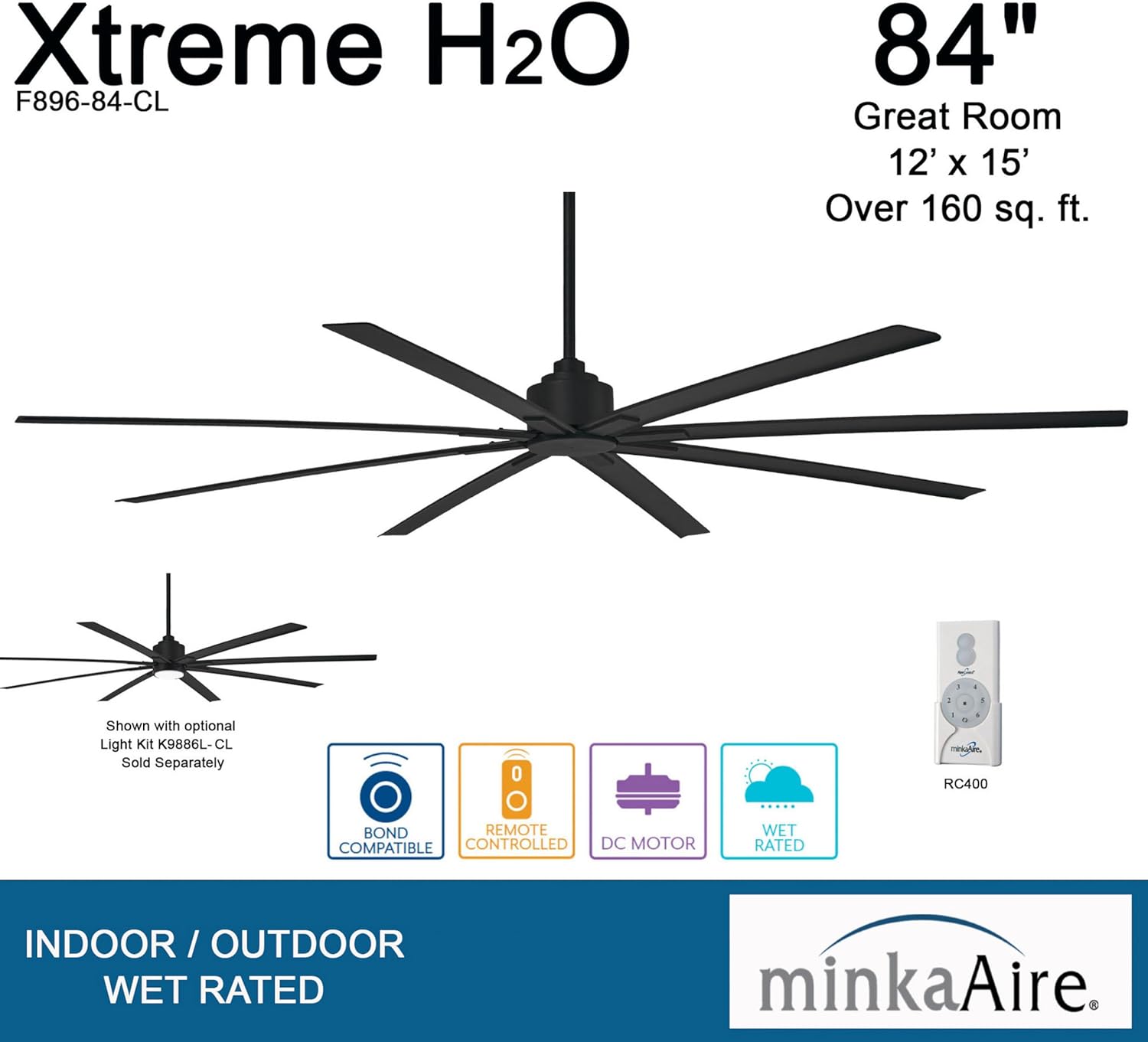 Minka-Aire F896-84-CL Xtreme H2O 84 Inch Outdoor Ceiling Fan with DC Motor in Coal Finish