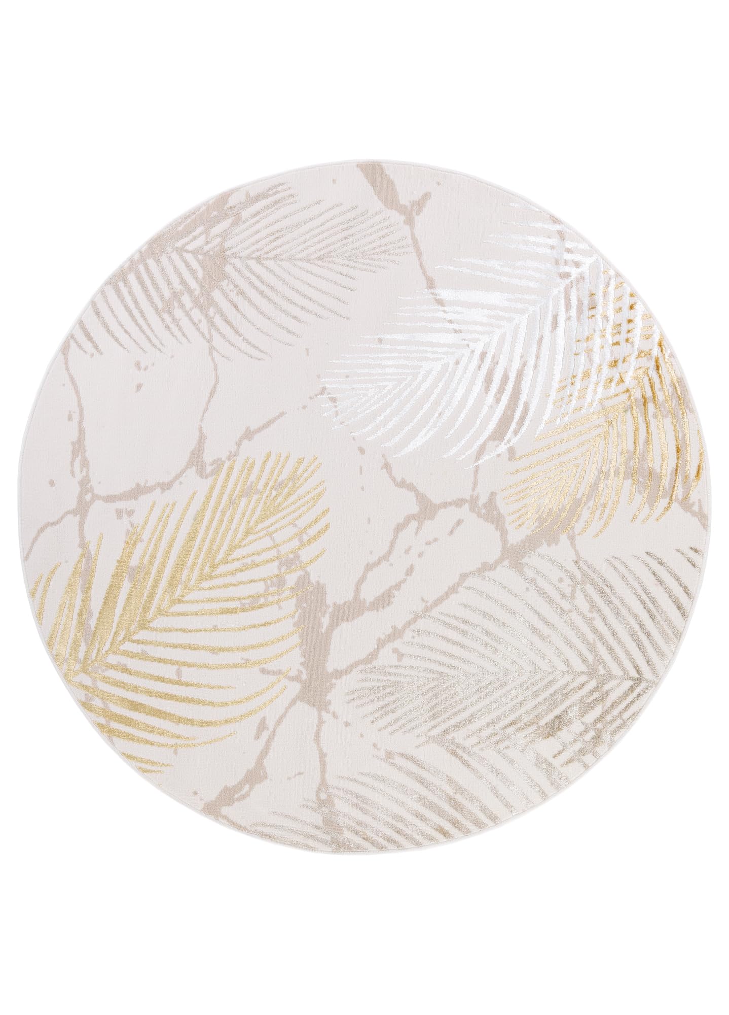 TAPISO Crystal Rund Teppich Kurzflor Glänzend Gold Weiß 120 x 120 cm | Palmenblätter Feder 3D Effekt Wohnzimmer Schlafzimmer Modern Design OEKO-TEX