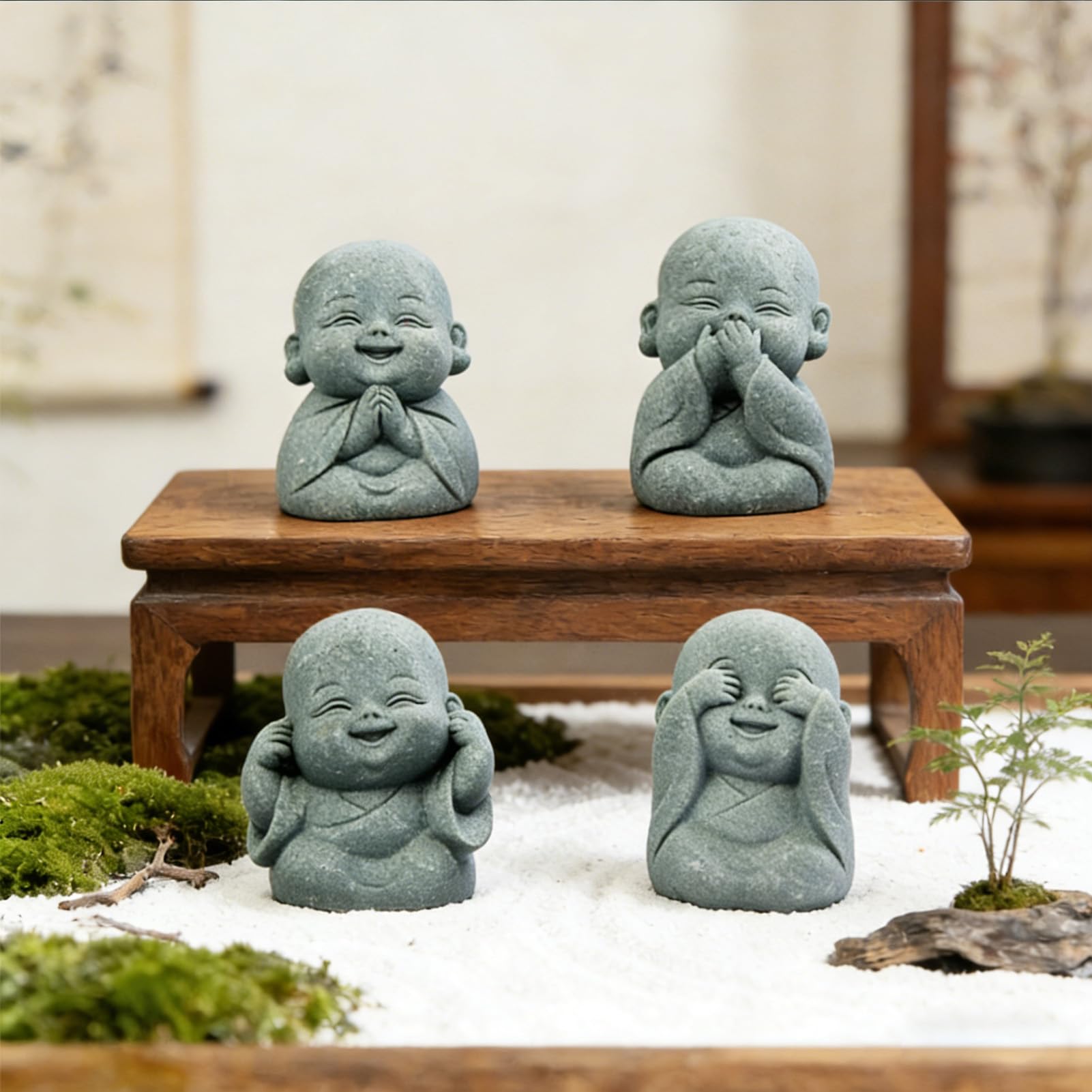 4PCS Mini Monk Buddha Statue Set Sandstone Statues Zen Monk Statue Sculptures for Decor Home Fish Tank Aquarium Garden, Style A — view 2