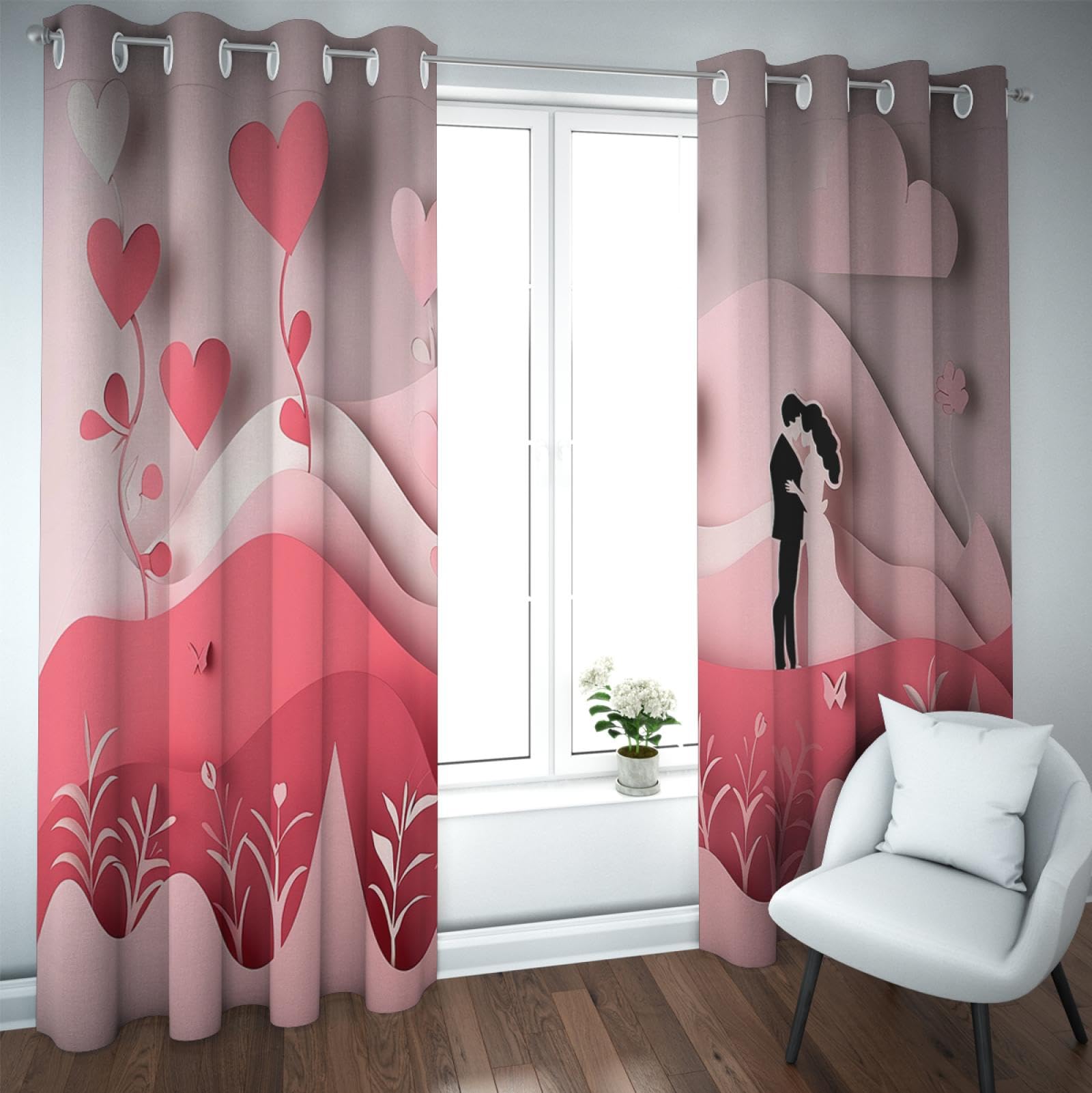 HOBBOY Wedding Theme Curtain Pink & Red Love Decor Blackout Curtains for Bedroom Living Room Romantic Couple Lovers Pattern Window Drapes 2 Panels 2X W38xL63in