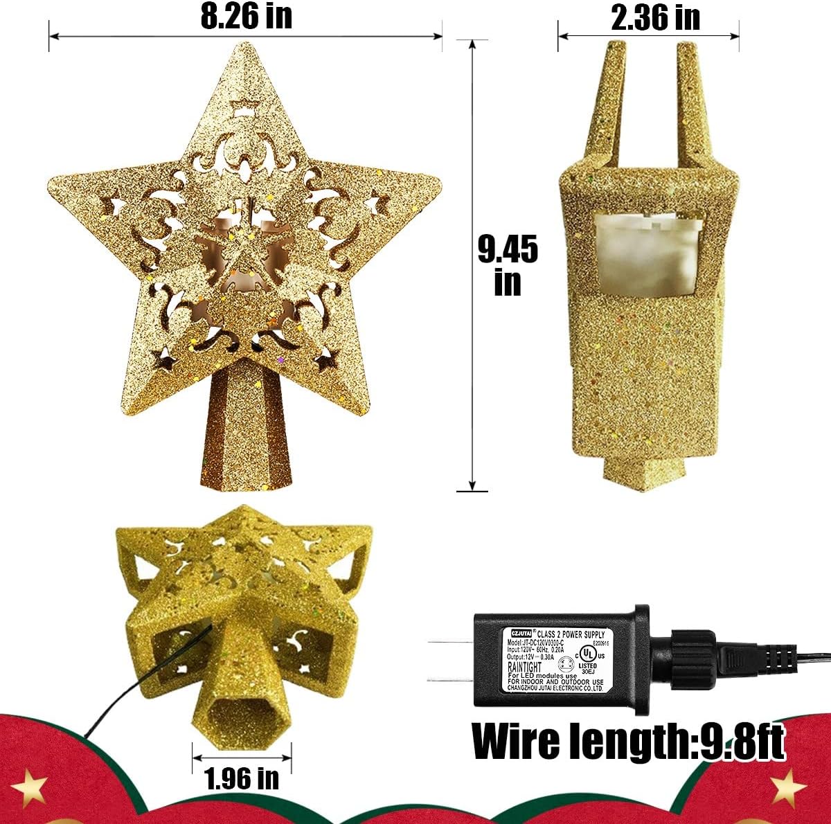 Christmas Tree Topper, Golden Star Tree Topper Lighted with 3D Rotating Colorful Joyful Christmas Projector, Glitter Lighted Tree Toppers for Xmas Tree Topper, Christmas Decorations Gift