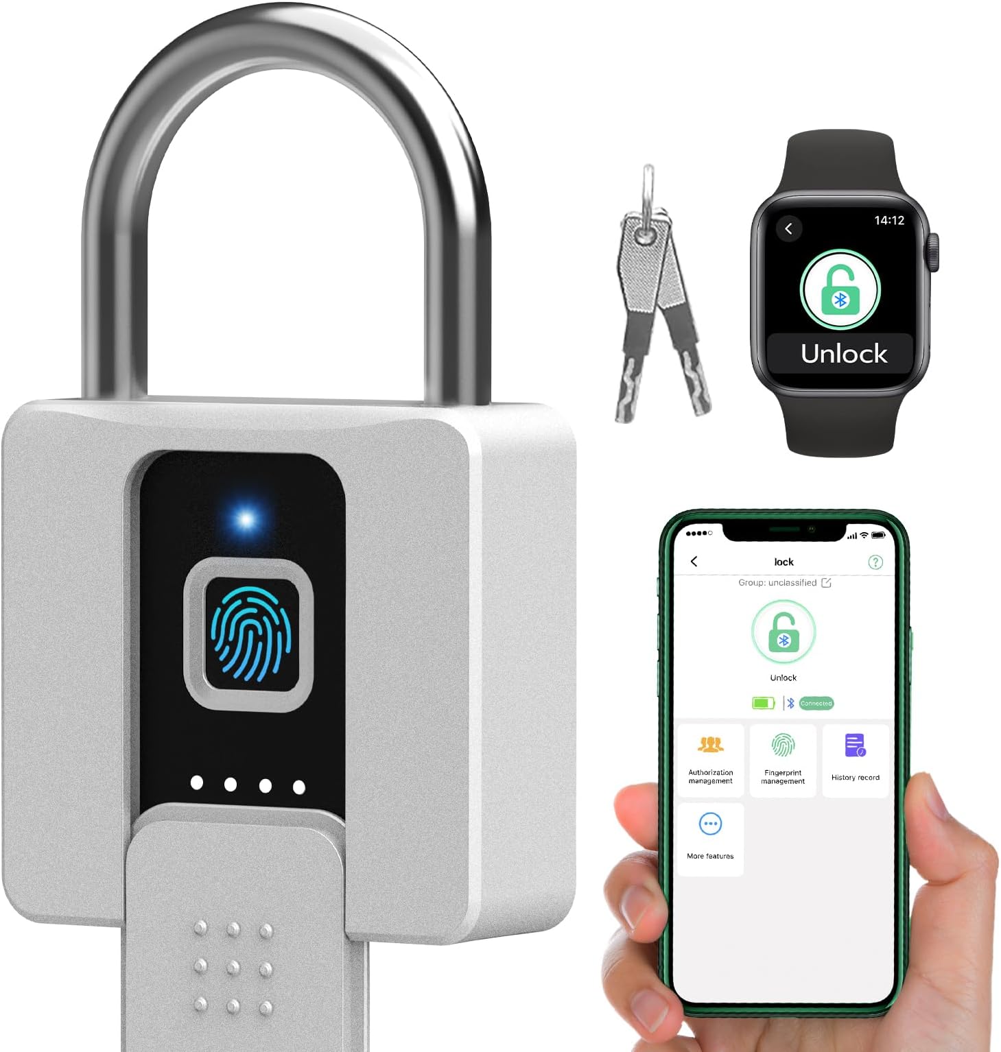 Fingerprint Lock, Dhiedas Fingerprint Padlock with Bluetooth Key, Smart Biometric Padlock Waterproof Outdoor Gate Padlock for Sheds Storage Fence Door