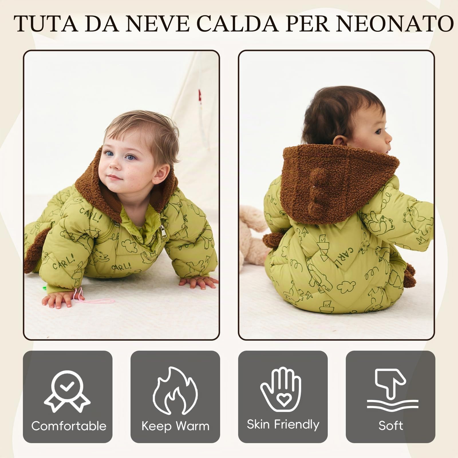 WYTbaby Tuta da neve invernale con cappuccio spessa e calda pagliaccetto per bambini e bambine 6-24 mesi