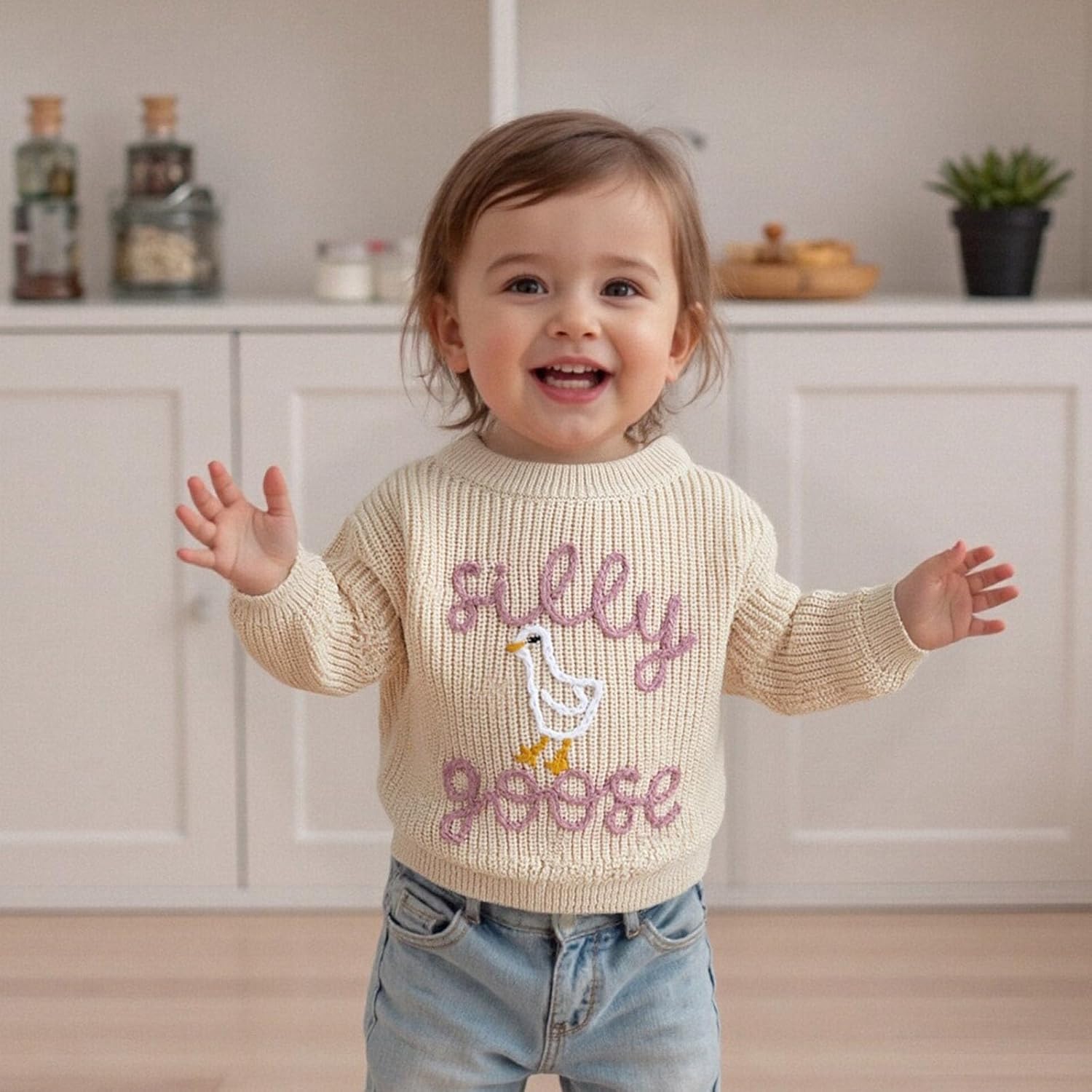 Toddler Baby Boy Girl Goose Outfit Silly Goose Embroidered Crewneck Long Sleeve Sweater Chunky Knit Fall Winter Tops - Image 4