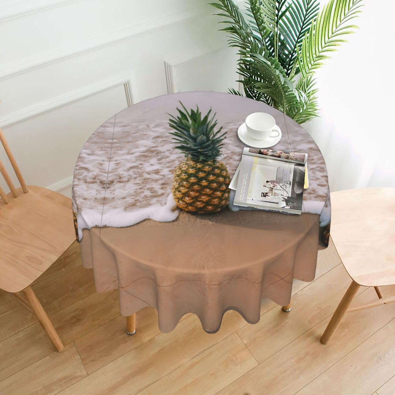 ZHAOUR Pineapple On Beach Print Round Washable Tablecloth – Table Cover