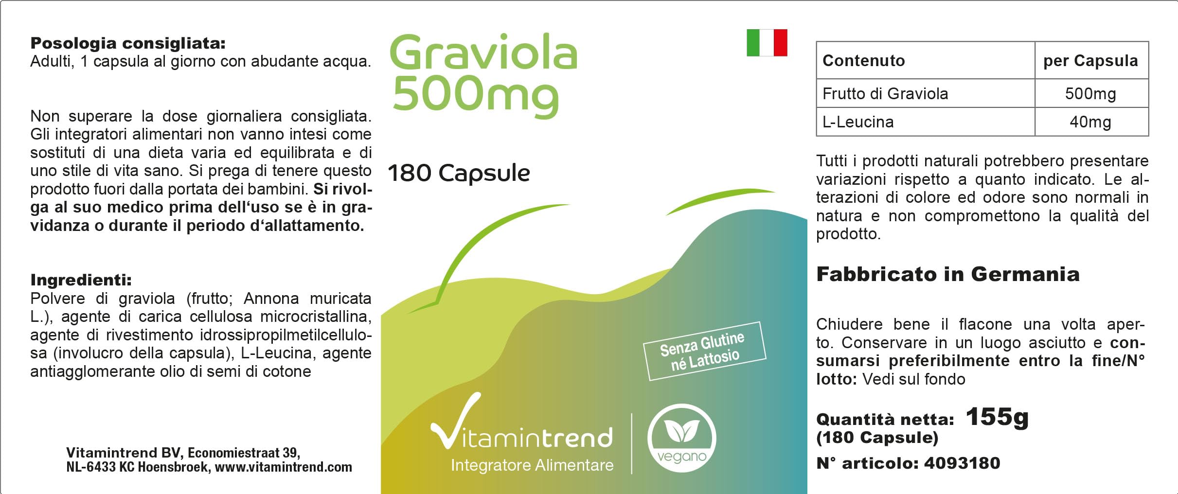 Vitamintrend Graviola hautement dosée 500 mg, 180 gélules, issue du fruit de graviola, annone épineuse, soursop, complément alimentaire végan sans additifs, fabriqué en Allemagne