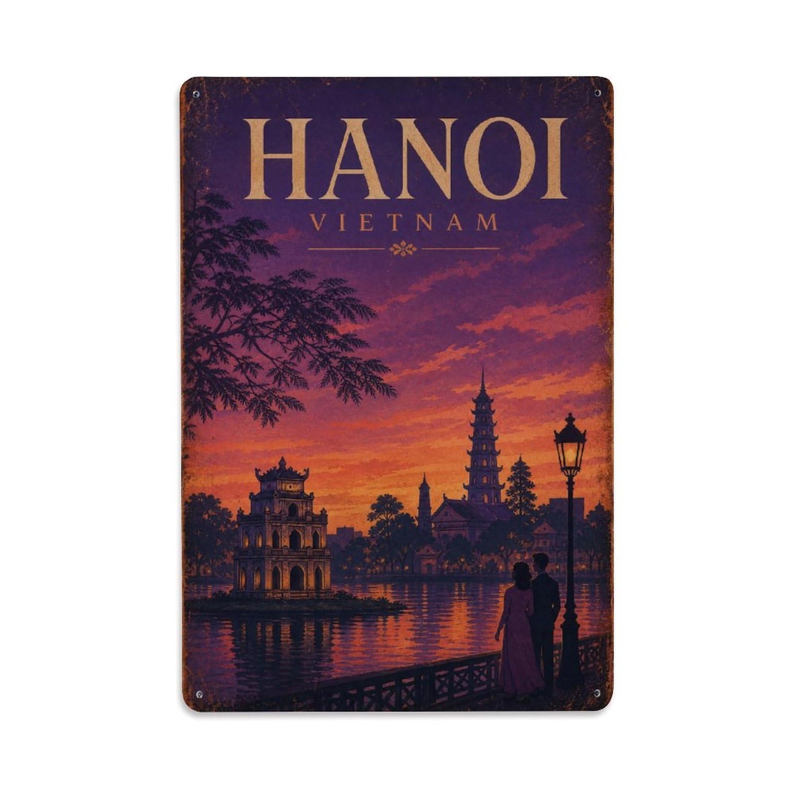 Vintage Hanoi Vietnam Twilight Lake Heritage Travel Metal Tin Sign