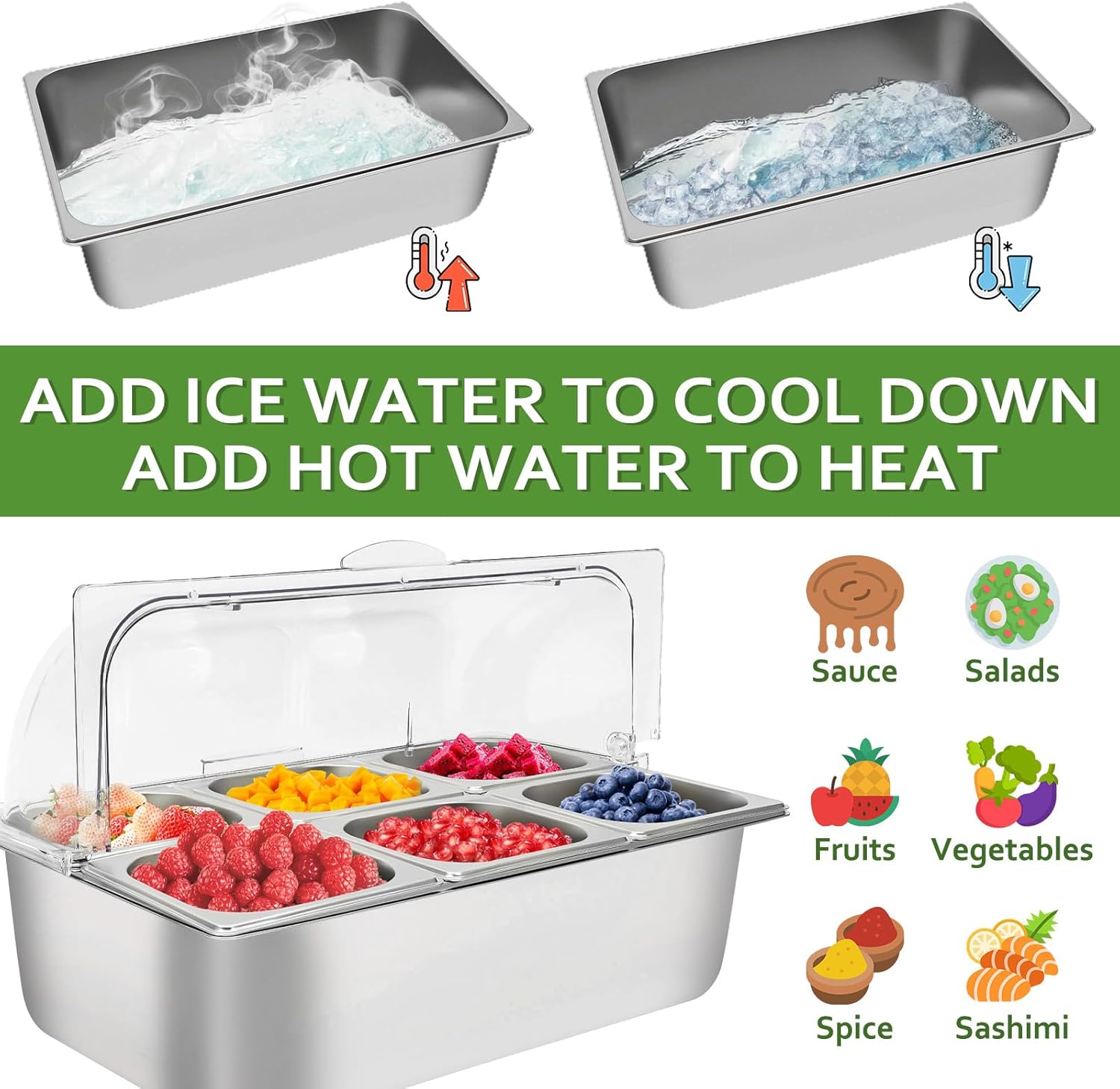 Countertop Food Display Container Ice Food Serving Tray 6 Pans Buffet Condiment Dispenser - Salad Dressing Appetizer Spice Fruit Cold Serving Station