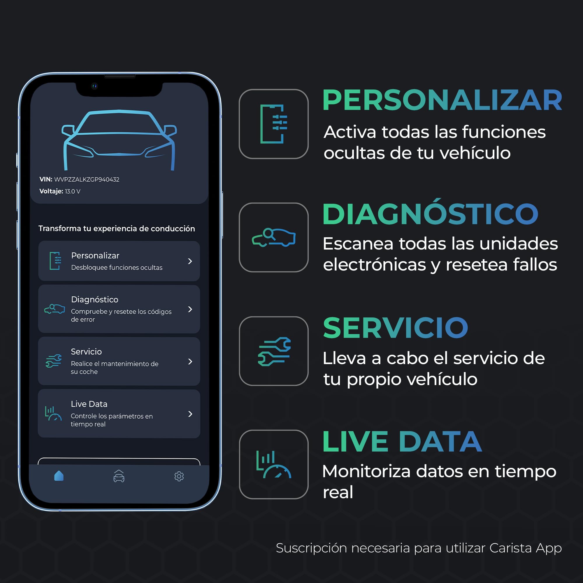 Carista EVO - Lector OBD2 Bluetooth: Diagnosis Coche Multimarca, Activación de Extras, Live Data y Herramientas de Servicio (Requiere Suscripción)