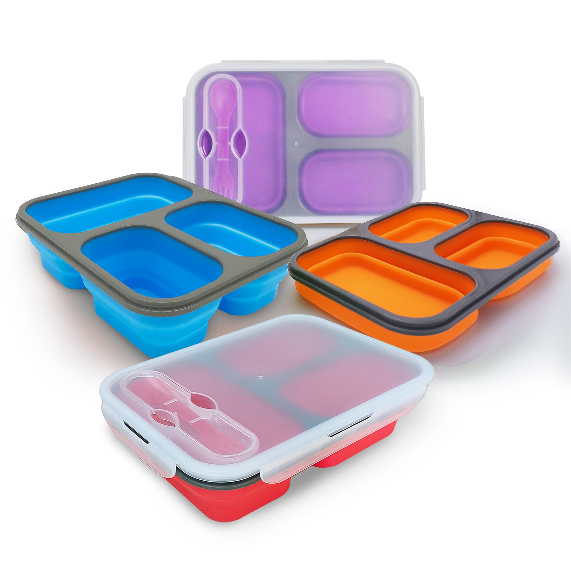 Exclusivo Bolsillo Collapsible Bento Lunch Box (4pcs) With Spork & Leakproof Lid, BPA Free, Silicone Bento Box Space Saving Food Storage Containers with 3 Compartments- 4 Color Pack