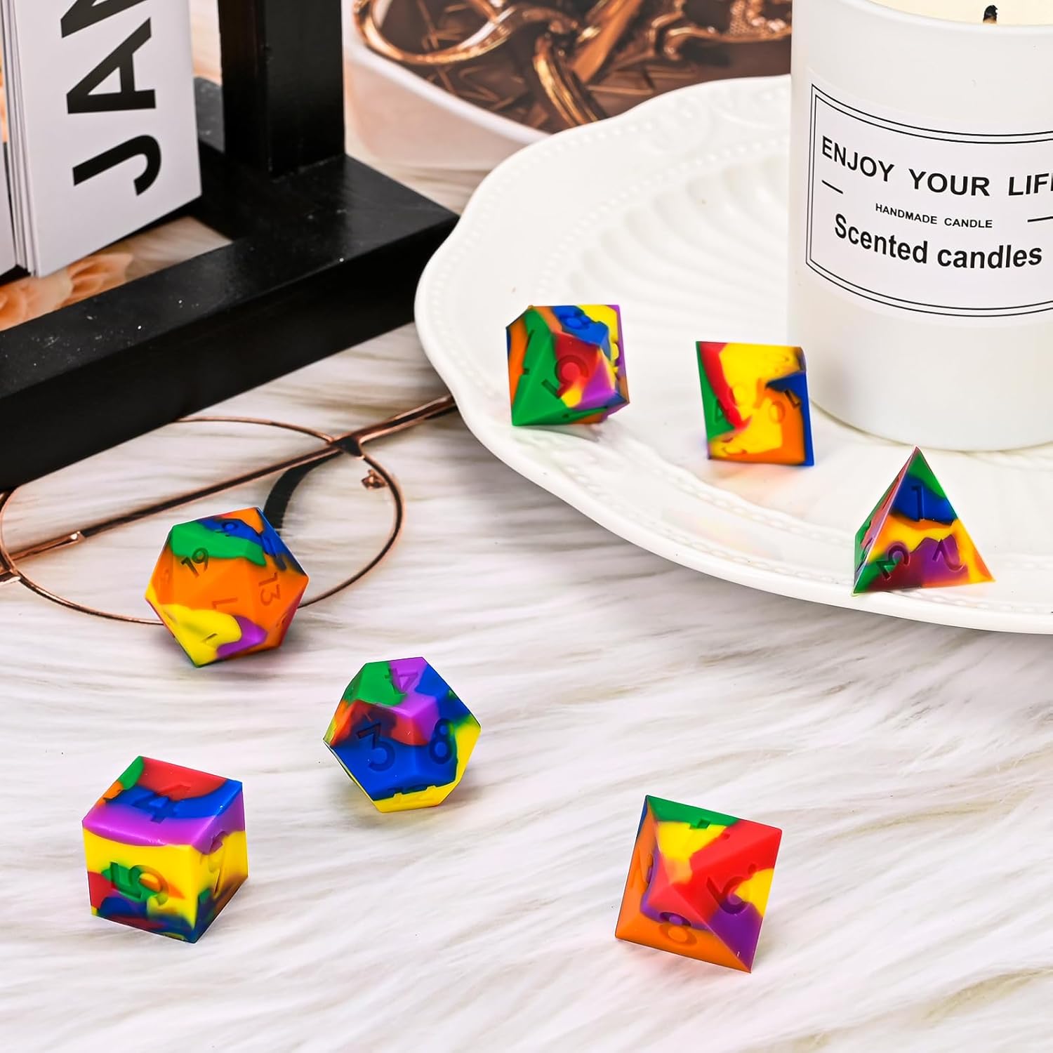 Silicone Dice, DND7PCS Piece Silicone Dice Set, with Flannelette Bag Storage Box, Suitable for Dungeons & Dragons Role-Playing and Board Games. (Colored Green)