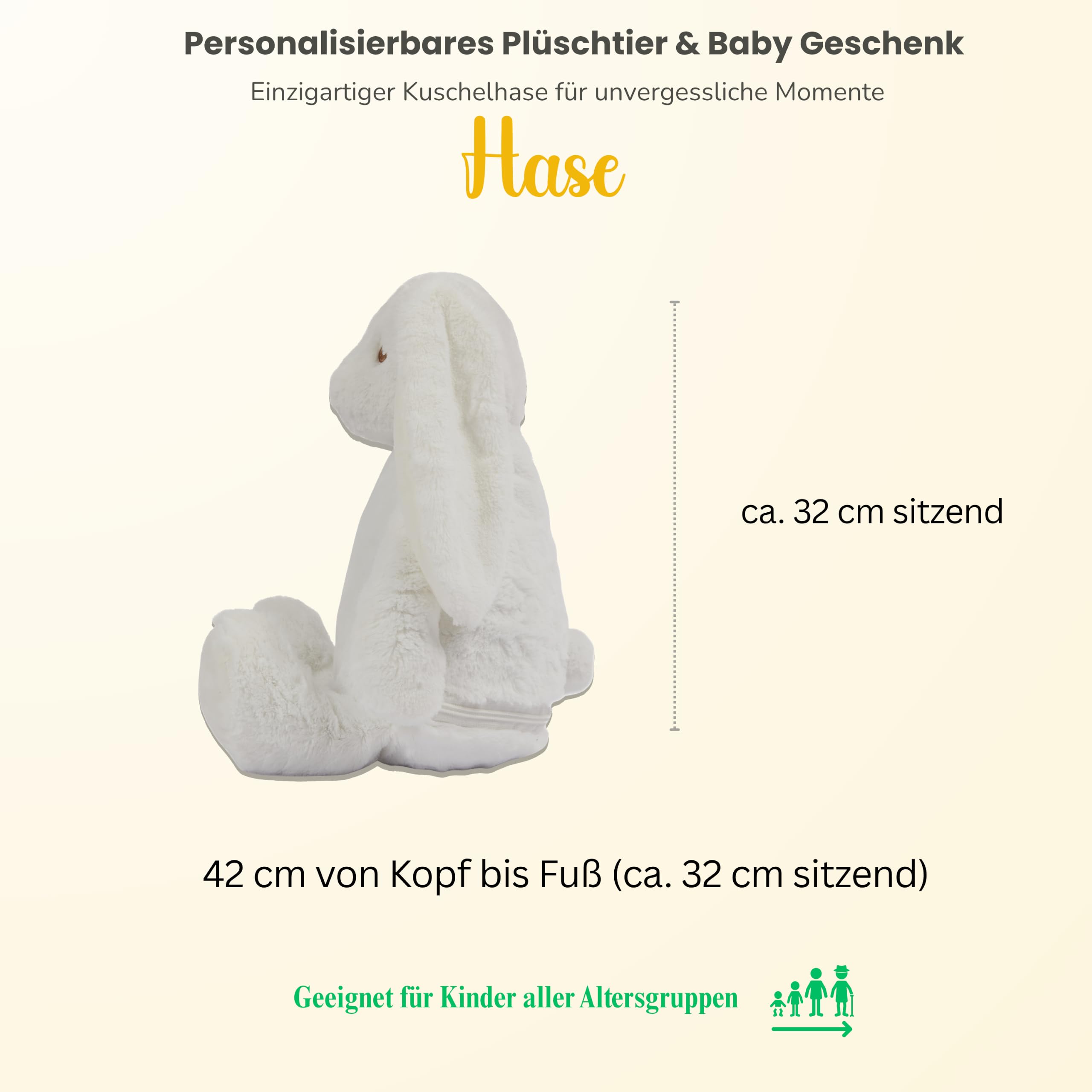 Personalisiertes Kuscheltier mit Namen & Wunschtext | Stofftier Hase Geschenk zu Geburt, Taufe, Prüfung & Geburtstag | Plüschtier für Babys & Erwachsene (42 cm, EN71) (Cream, Wunschtext)