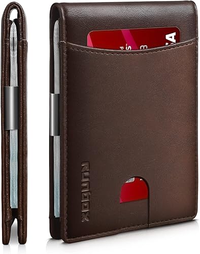 RUNBOX Billeteras delgadas con clip de dinero para hombres, de cuero minimalista, plegable, bloqueo RFID, cartera de bolsillo frontal para hombre,