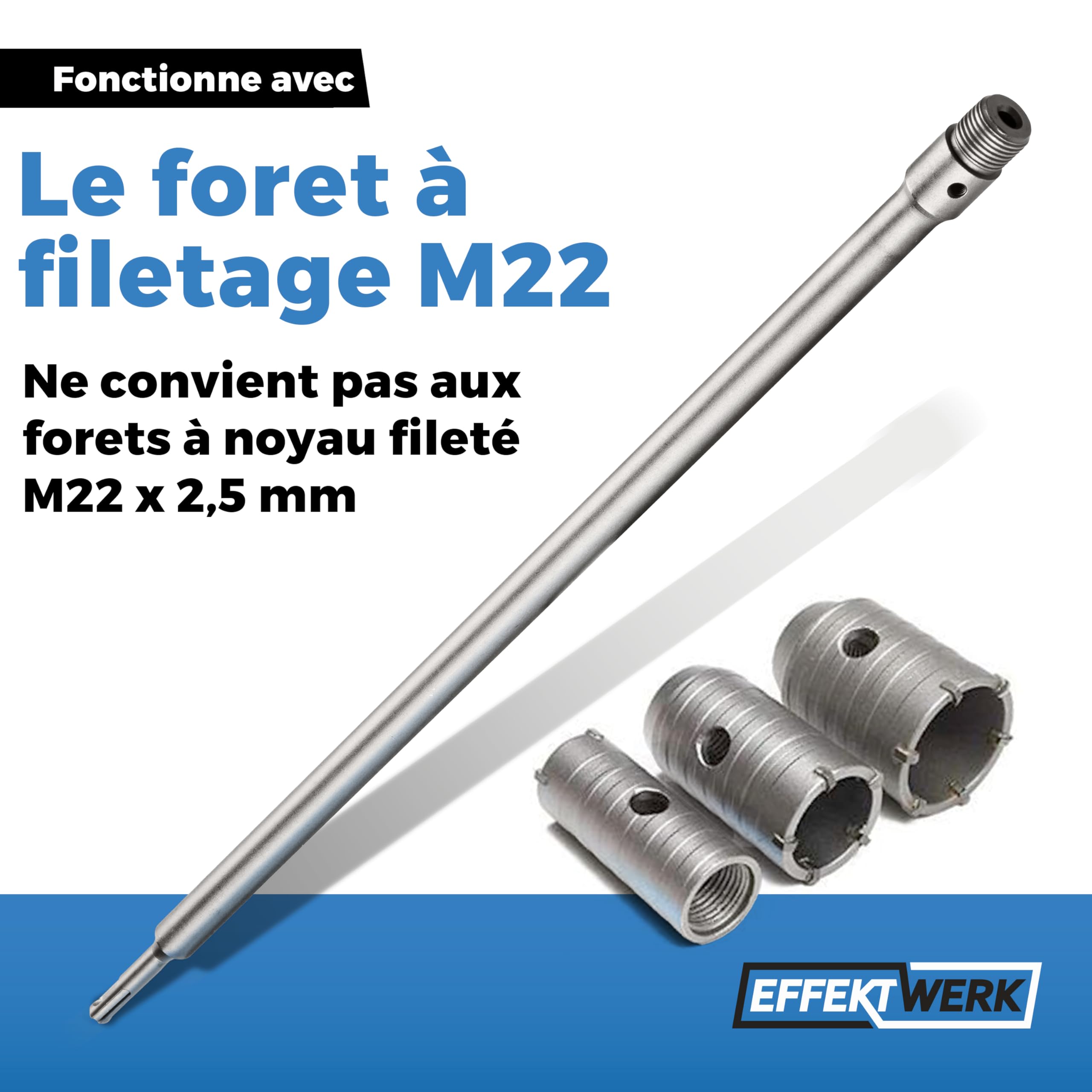 SDS Plus Tige d'extension pour foret creux, 600 mm de long avec filetage M22, foret central et vis