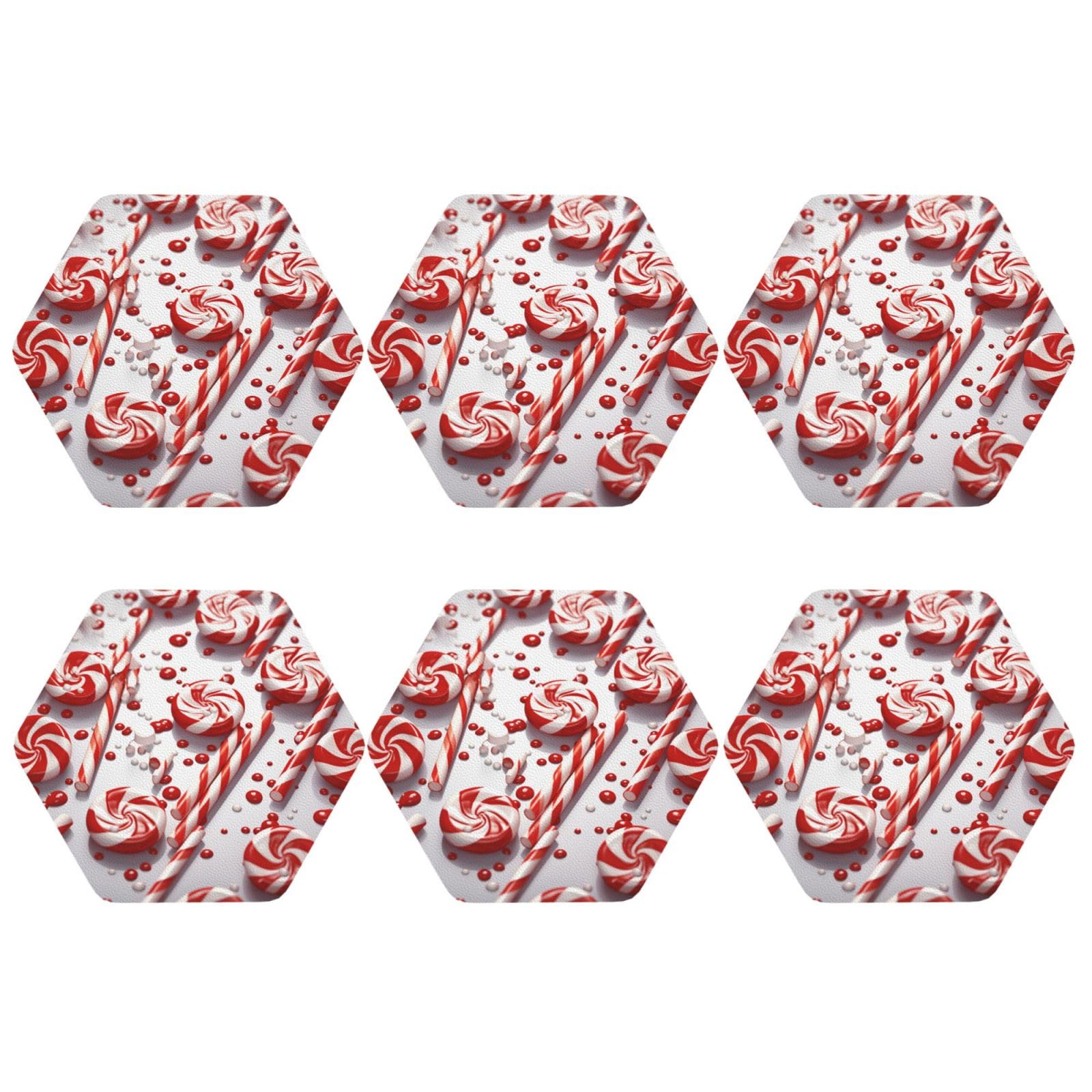 6Pcs PU Leather Coaster for Drinks, Candy Cane Cup Coastersr 4" Cup Mat Pad, Aesthetic Drink Coasters for Coffee Table, Hexagon Coaster for Tabletop Protection
