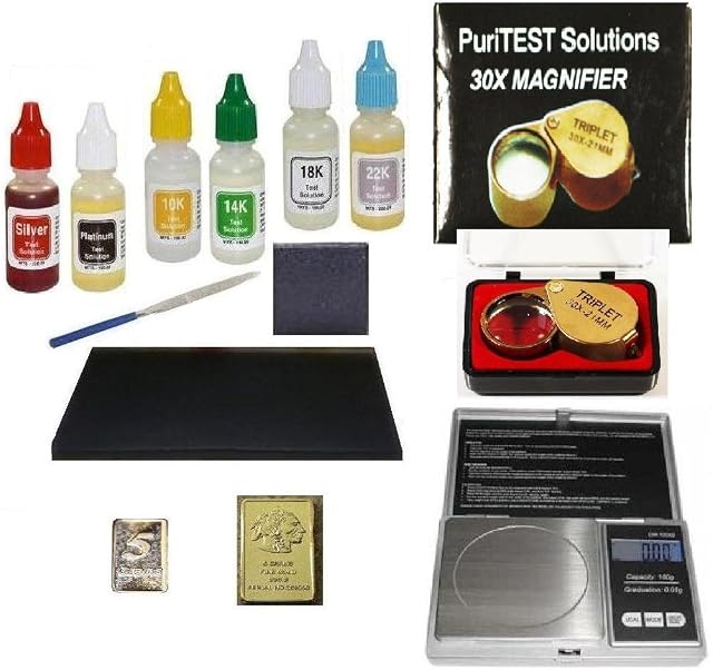 Pro ClockSmith/Jeweler Tools-Complete Purity Test Kit with Jewelry Scale, Loupe, File, and Gold and Silver Bars Set