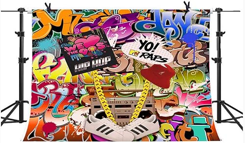 Miniatura 5 de Qian Fondos de fotografía con tema de graffiti de hip hop de 7 x 5 pies, decoración de fiesta de los años 80 y 90, accesorios de estudio