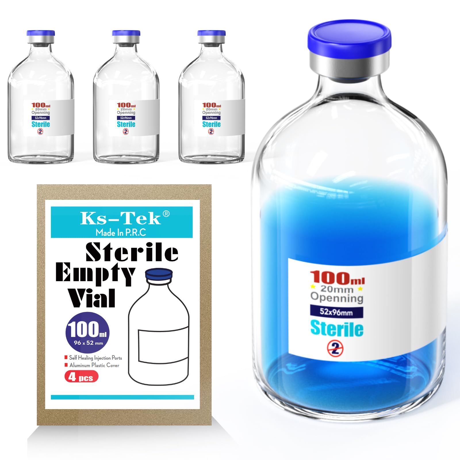 Ks-Tek Sterile Empty Vials with Self Healing Injection Port,with Flip Off Aluminum Cap,Sterile Package (100ml,4)