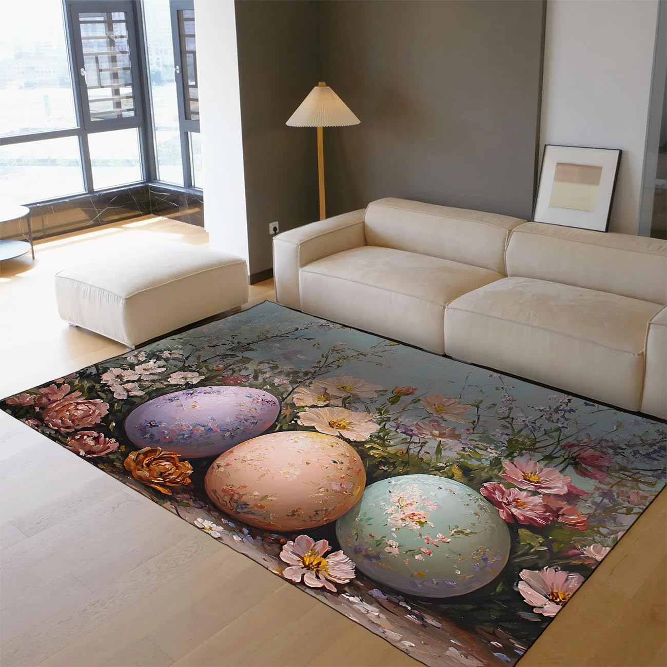 Dywan do ogrodu wiosennego z niskim sufitem, 160 x 200 cm, lawendowe, brzoskwiniowe i miętowe, pisanki osadzone w różach i stokrotkach na kwitnącej macie podłogowej łąk