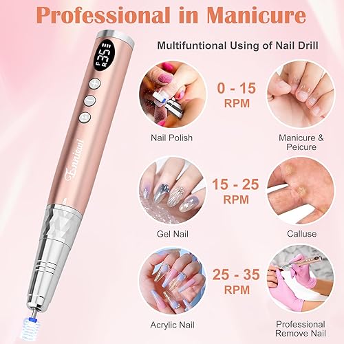 Miniatura 2 de Enniewi Taladro de uñas inalámbrico de 35000 RPM, juego de manicura y pedicura, lima de uñas eléctricas de gel acrílico profesional, 6 brocas de