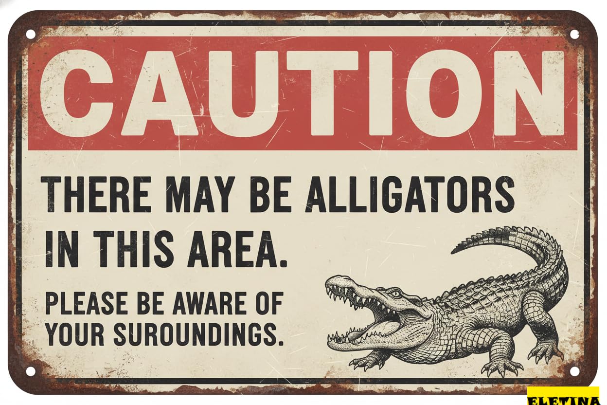 Vintage Metal Tin Sign for Man Cave Safety Notice Danger Warning 8x12 Decor Caution There May Be Alligators In Area Private Property Decorative