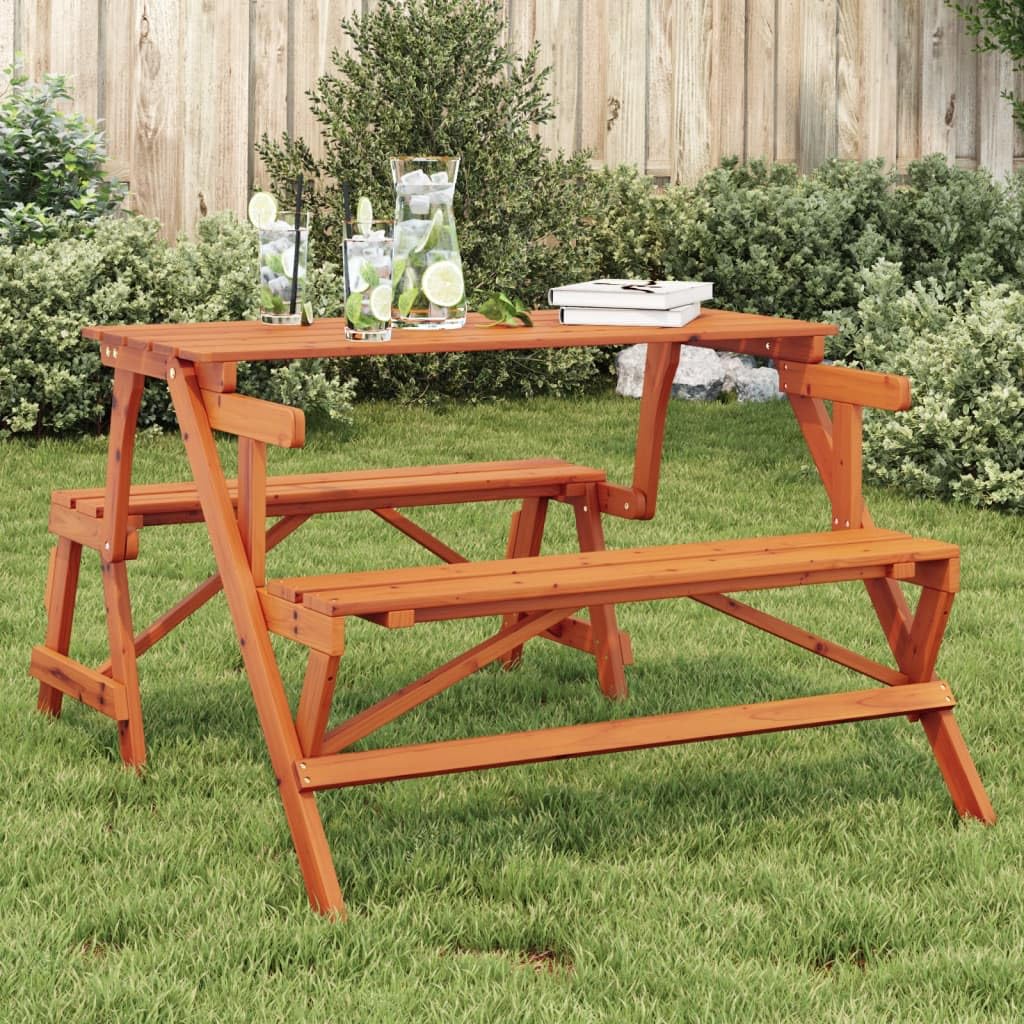 Gecheer Tavolo da Picnic con Panche in Legno Abete 2-in-1, Convertibile da Tavolo a Panca con Schienale, 110x133x72 cm, Legno Massello di Abete, per Cortile Giardino Esterno
