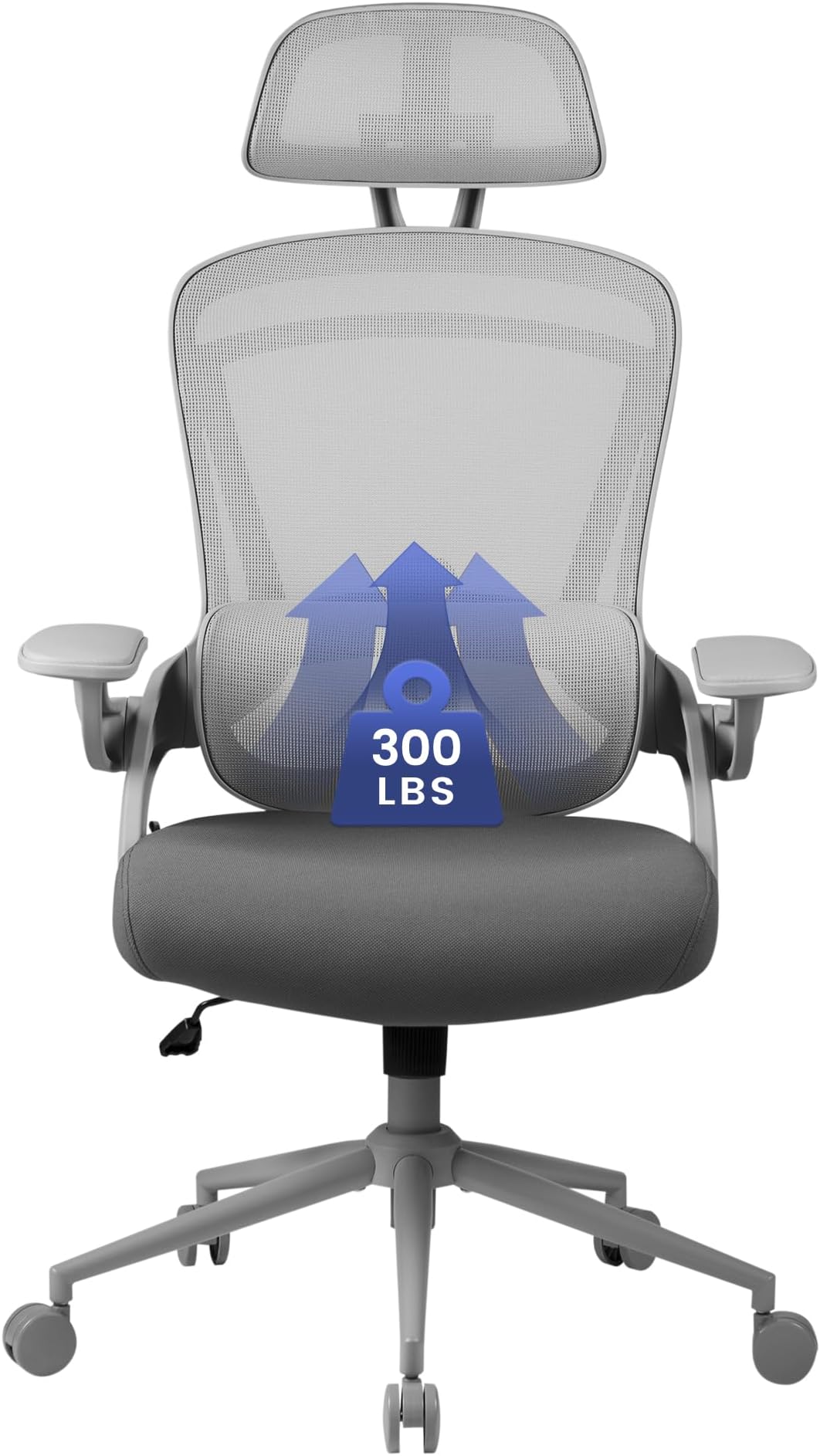 Nouhaus ErgoFlip Ergonomic Office Chair - Mesh Office Chair with Adjustable Headrest, Lumbar Support & Blade Wheels - Executive Swivel Desk Chair, Gaming Chair for Comfort and Durability （Grey）