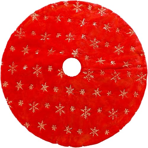 DegGod Faldones de felpa para árbol de Navidad, 36 pulgadas, de piel sintética roja de lujo con copos de nieve dorados para decoración de fiesta en