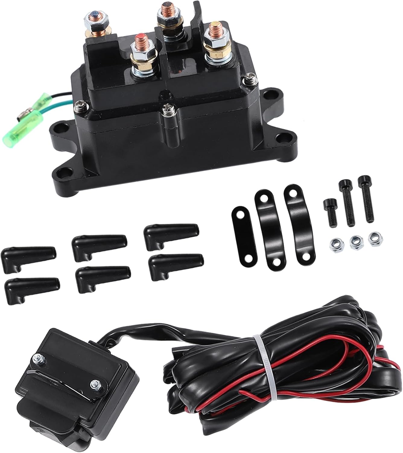 12V 250A Winch Solenoid Relay Contactor Winch Rocker Thumb Switch Combo ATV 1500-5000lbs for Honda for Warn Silver Contactor Solenoid with 6 Insulated Caps 63070 Item Replacement