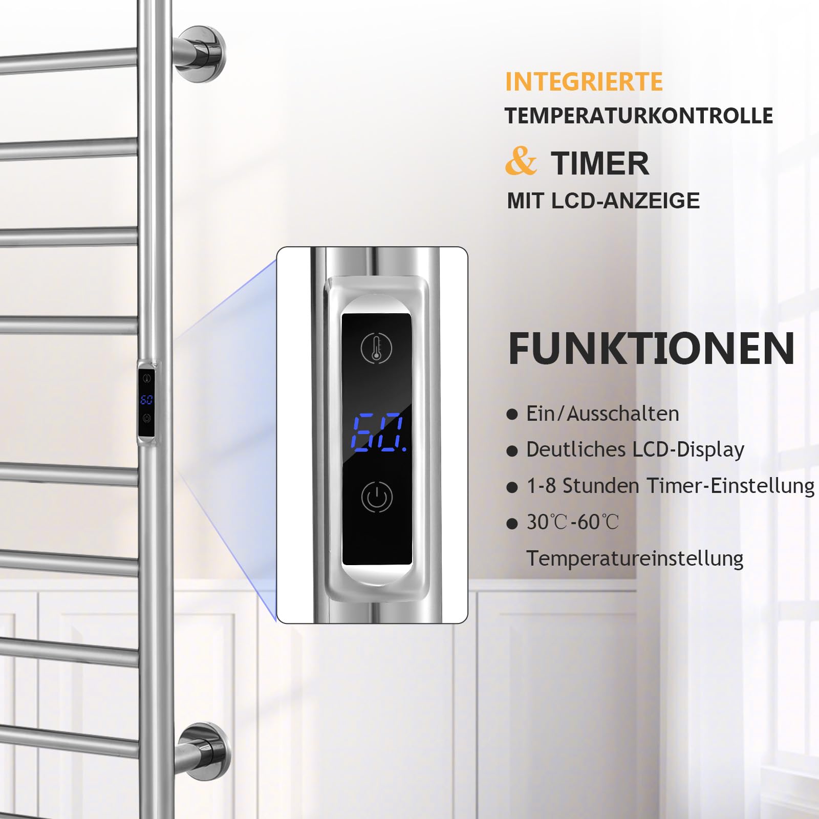 RELAX4LIFE Elektrischer Badheizkörper 860 x 530mm Handtuchwärmer mit LCD-Anzeigebildschirm Timer-Funktion Überhitzungsschutz Handtuchtrockner Wandmontage Heizkörper Bad aus Edelstahl Silber Gerade