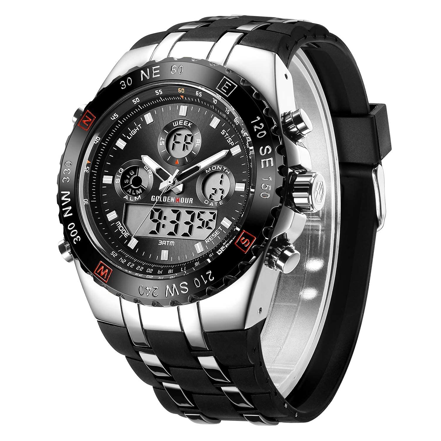 Orologio sportivo da uomo, impermeabile, cronometro, data, sveglia, luminoso, digitale, analogico, militare, con cinturino in gomma