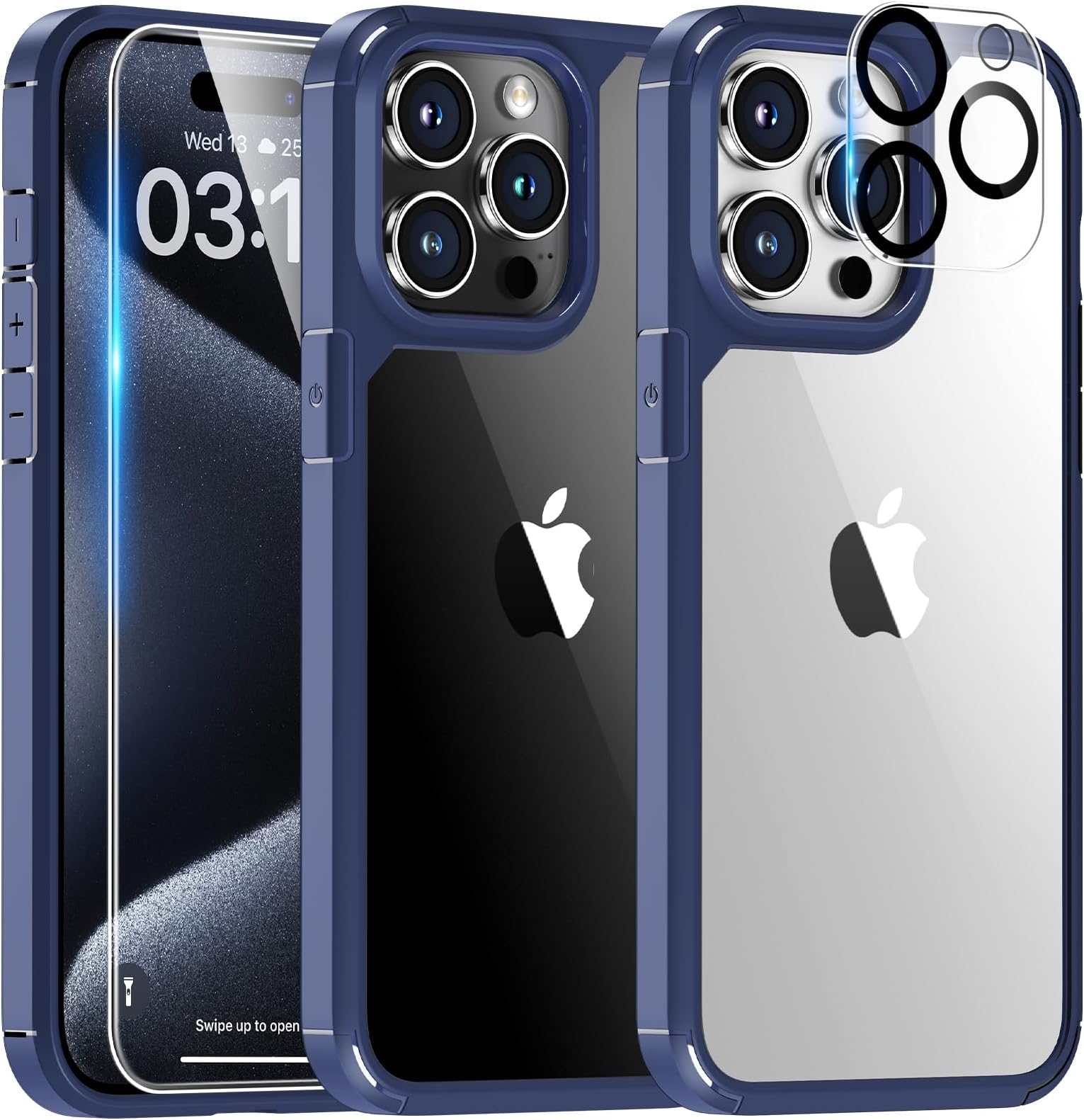 3 in 1 Blue Case for iPhone 15 Pro Max Case, and 2X Screen Protector, [Not-Yellowing & Military Drop Defense] Shockproof Phone Case 6.7 inch