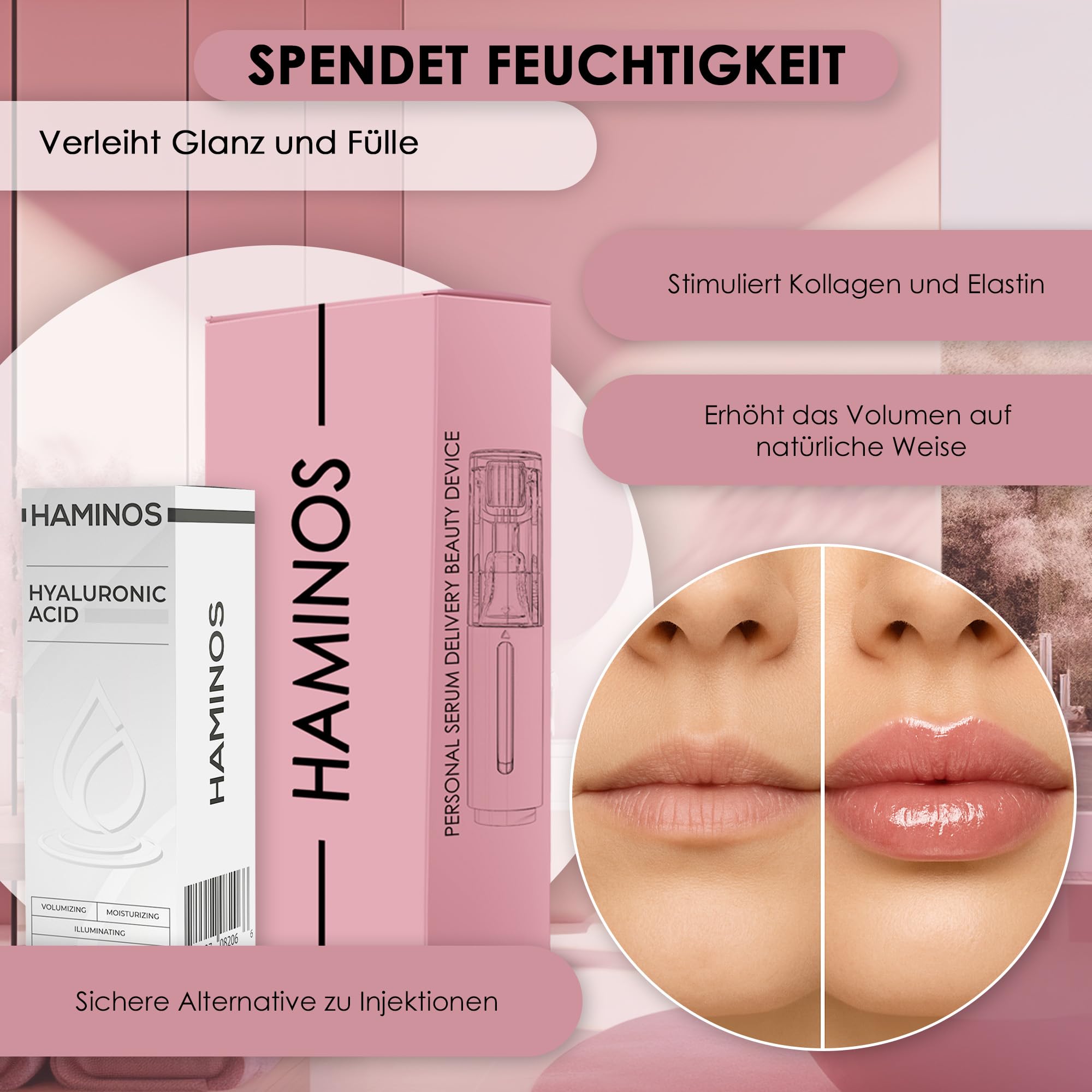 HAMINOS Derma Roller 0,25 mm mit Hyaluronsäure Serum, Microneedle Roller mit Reservoir, Lippenpflege Applikator
