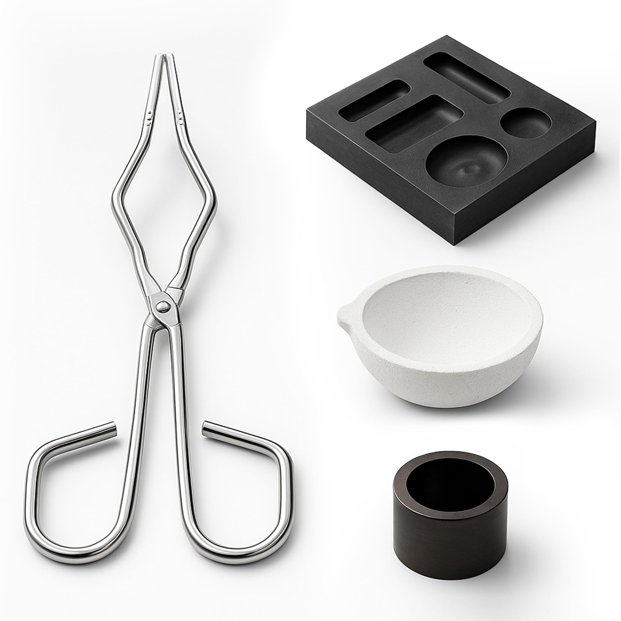 Lot de 4 pots en graphite doré : kit de fusion complet avec pince en acier inoxydable, pot en graphite, bol à quartz, canal d'huile pour bricolage en or et argent