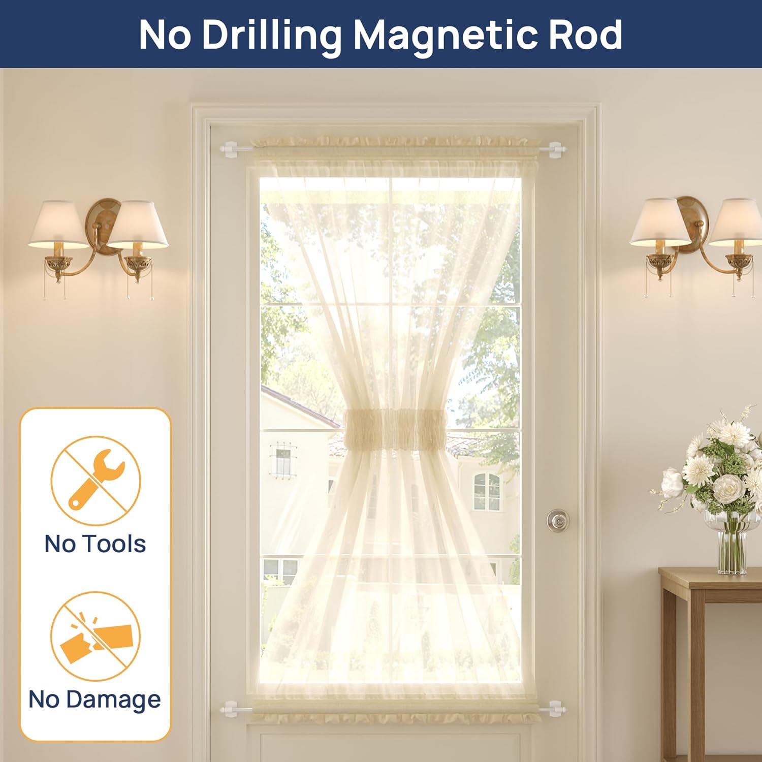 ENJOYBASICS 2 Pack Magnetic Curtain Rod, 16 to 39 Inches Adjustable Strong Magnet Bar for Door, Classroom Whiteboard, and Any Metal Space, No Drill Required, White