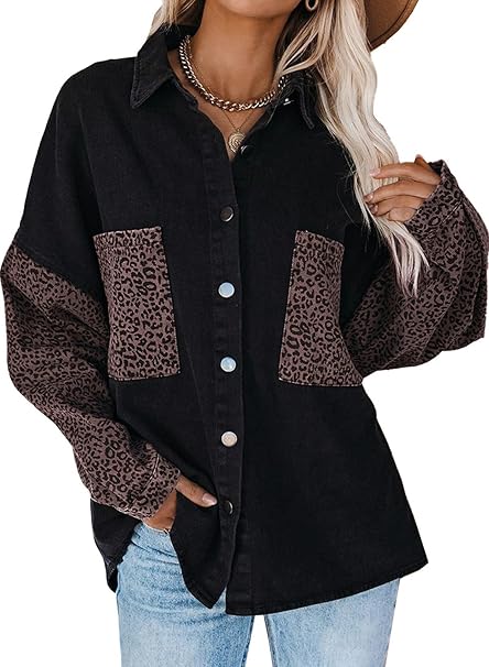 Dokotoo Leopard Denim Jacket, oversized button-down