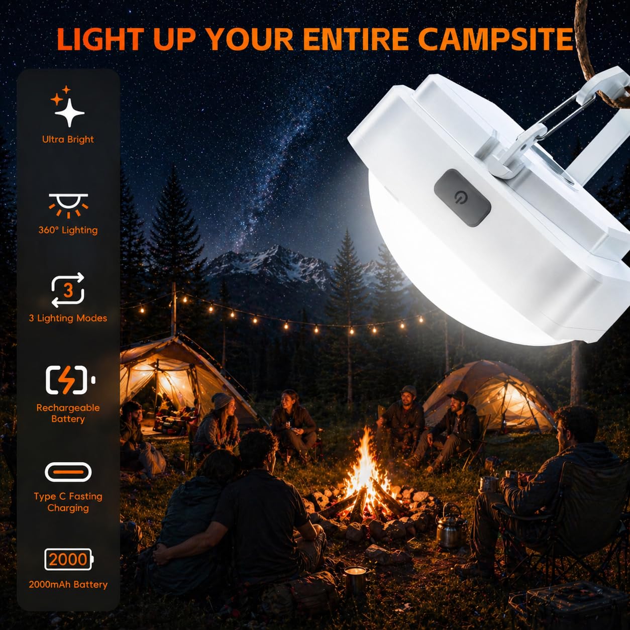 Linterna LED recargable para acampar: 2000 mAh, luz de tienda de campaña con imán, linterna impermeable esencial para camping, senderismo, corte de energía, emergencia, supervivencia, mochilero