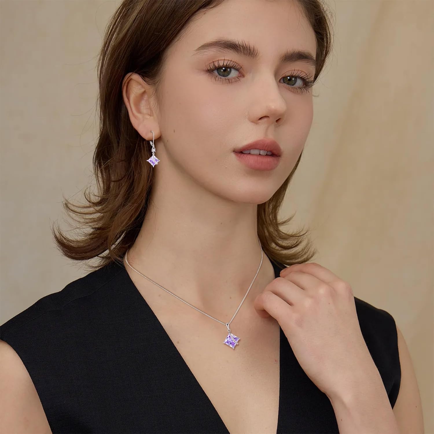 Square Princess Cut Necklace and Earrings Set 925 Sterling Silver Solitaire Alexandrite Jewelry Set for Women June Birthstone Jewelry Gifts for Her - Image 3