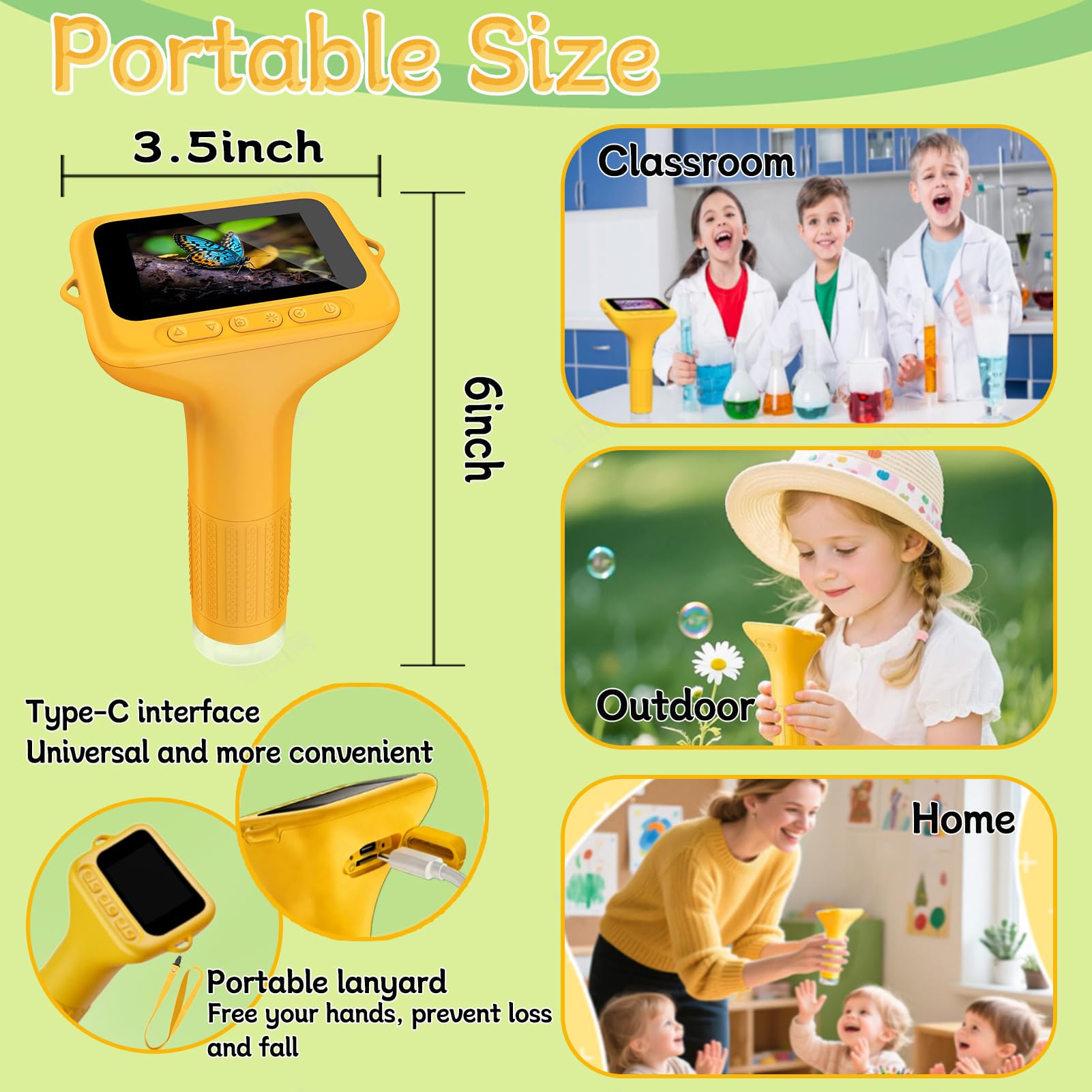 Microscopio Digitale per Bambini, 1000X Mini Microscopio Portatile con Schermo IPS 2,0" e 8 LED, microscopio Tascabile USB Type-C Compatibile PC, Gioco Scientifico Educativo dai 3+, Giallo