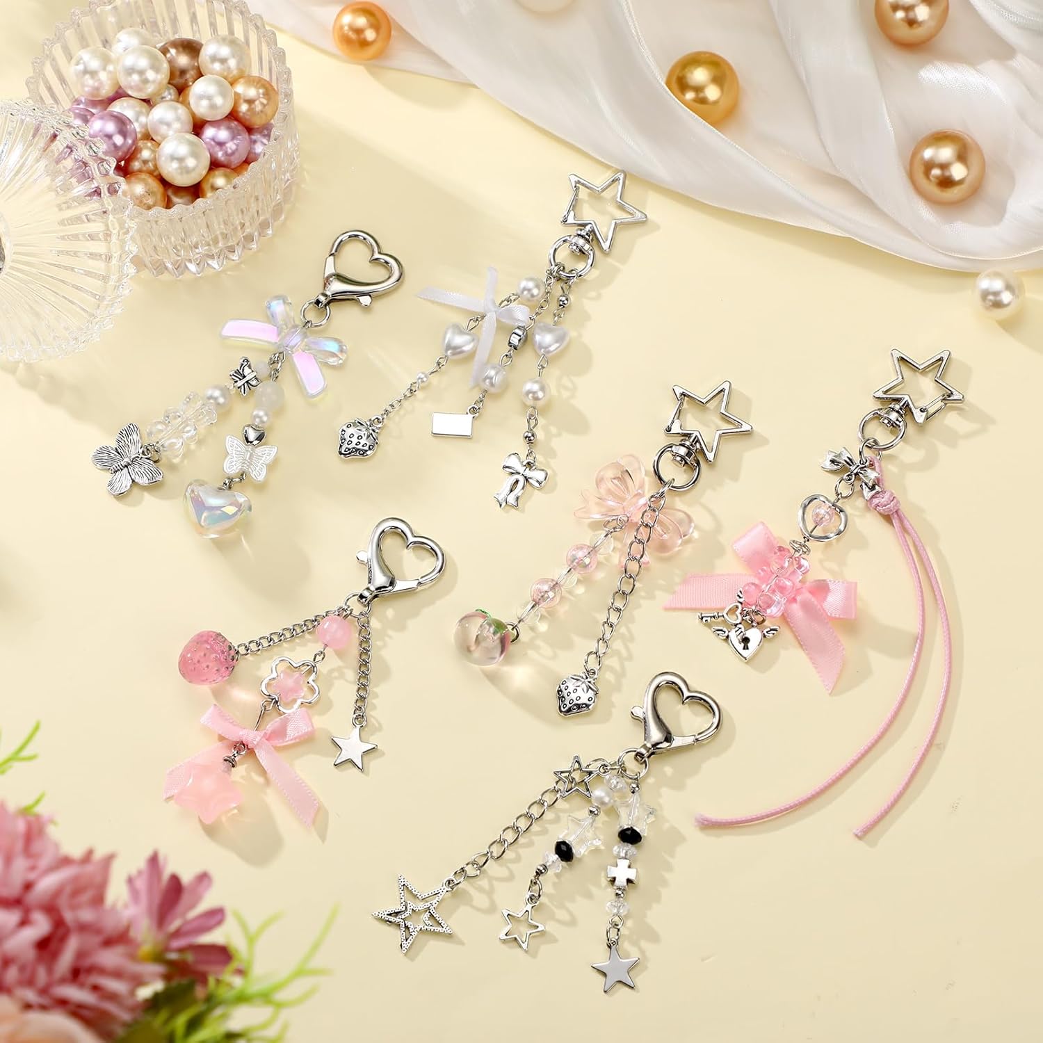 Sureio 6 Pcs Aesthetic Keychains Cute Keychain with Tether Tag for Backpacks Keys Bags Purse - Image 3