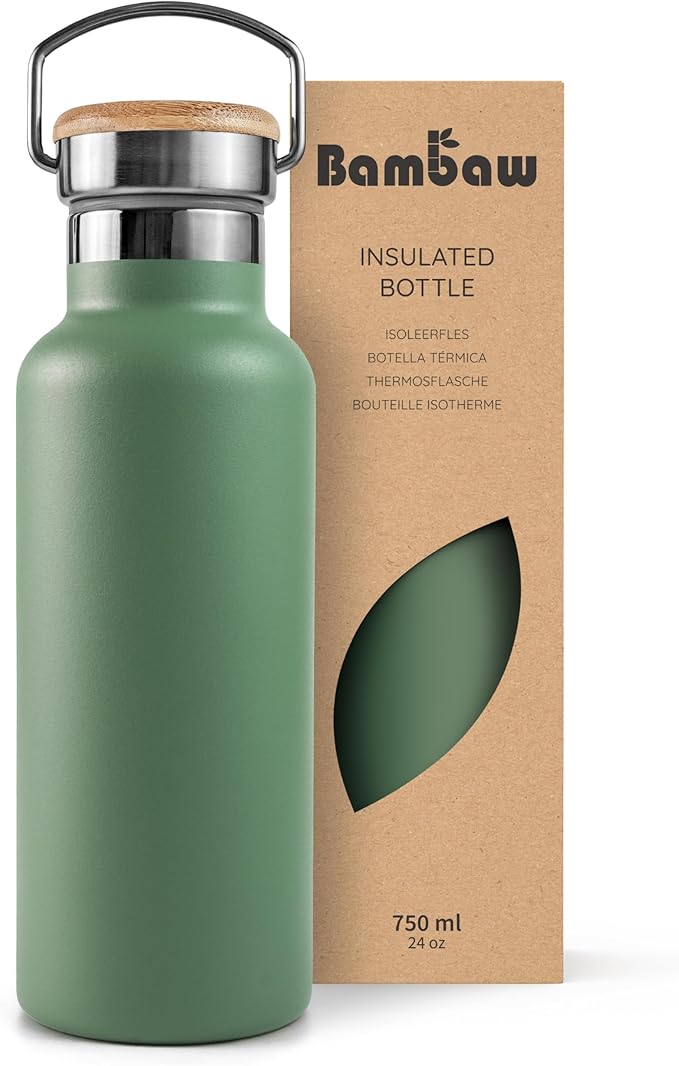 Bambaw 24 oz Insulated Water Bottle, Green Water Bottle Stainless Steel, Refillable