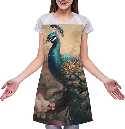 Miniatura 3 de MUSM Apron for Adults - 27.6 X 31.5 Inch, Heavy-Duty Polyester Aprons with Two Large Pockets, Waterproof Oriental Peacock Pattern Kitchen Apron for