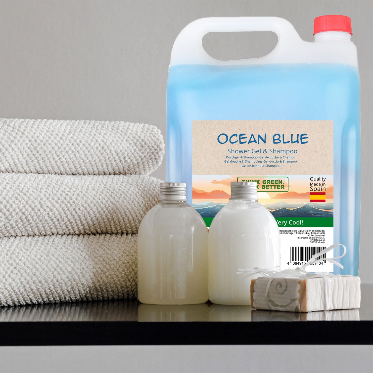 4 x 5 Liter Kanister Intercabo Duschgel & Shampoo 2in1 Ocean – Kombiprodukt zur Haar- und Körperpflege – pH-neutral – Nachfülllösung für Spender in Hotel, Spa, Gemeinschaftsdusche und Sporteinrichtung