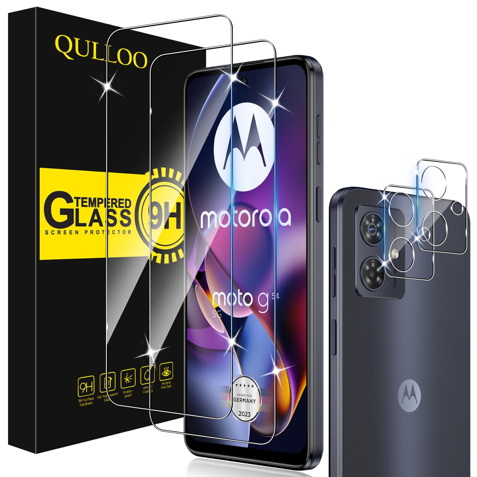 QULLOOScreen Protector for Motorola Moto G54 5G for Tempered Glass, Pack of 2 Screen Protectors with 2 Camera Protection, 9H Hardness Tempered Glass, HD Clear Protective Glass, Anti-Scratch Film